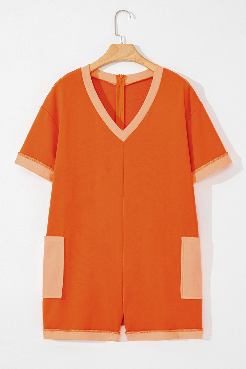 Russet Orange Two-tone Short Sleeve V Neck Patched Pocket Loose Romper-Bottoms/Jumpsuits & Rompers-[Adult]-[Female]-2022 Online Blue Zone Planet
