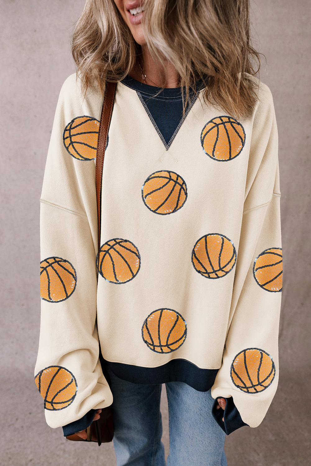 White Sequin Basketball Graphic Colorblock Edge Sweatshirt-Graphic/Graphic Sweatshirts-[Adult]-[Female]-White-S-2022 Online Blue Zone Planet