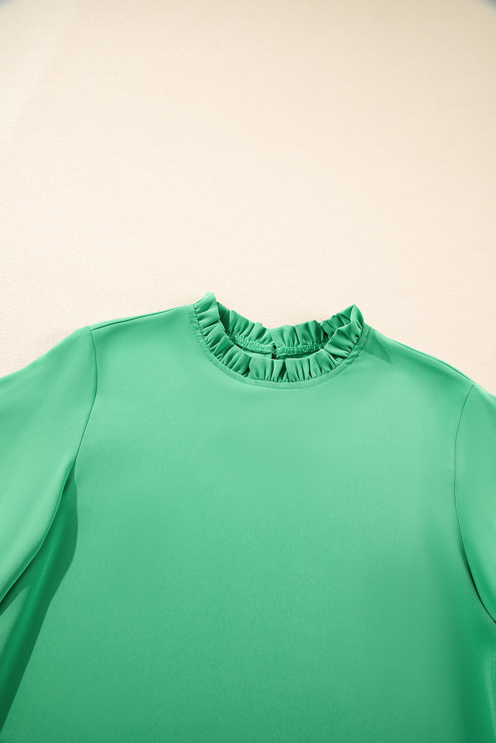 Blue Zone Planet | Green Frilly Round Neck Wide Half Sleeve Blouse-Tops/Blouses & Shirts-[Adult]-[Female]-2022 Online Blue Zone Planet