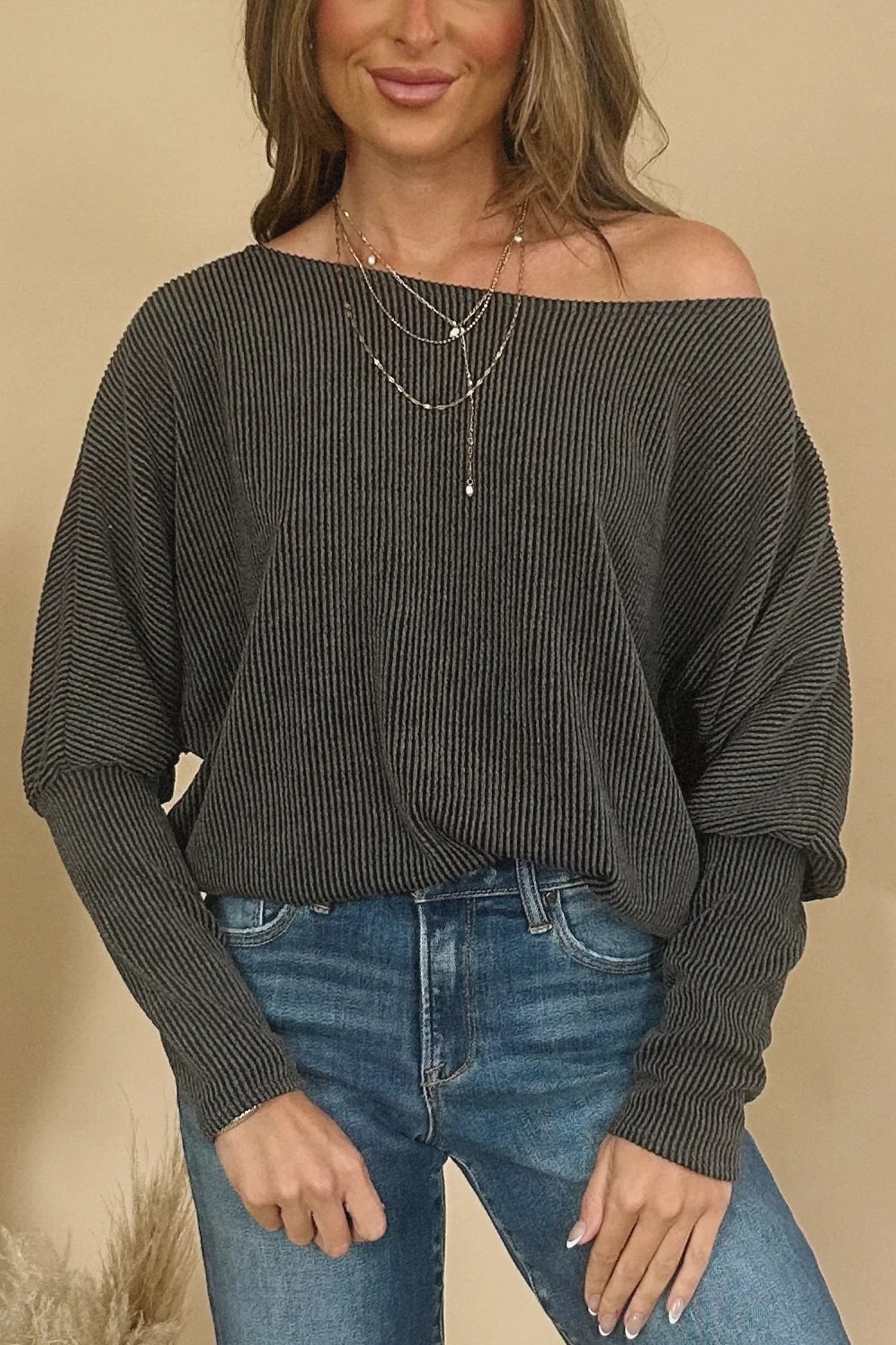 Carbon Grey Twisted Ribbed Dolman Long Sleeve Top-Tops/Long Sleeve Tops-[Adult]-[Female]-Carbon Grey-S-2022 Online Blue Zone Planet