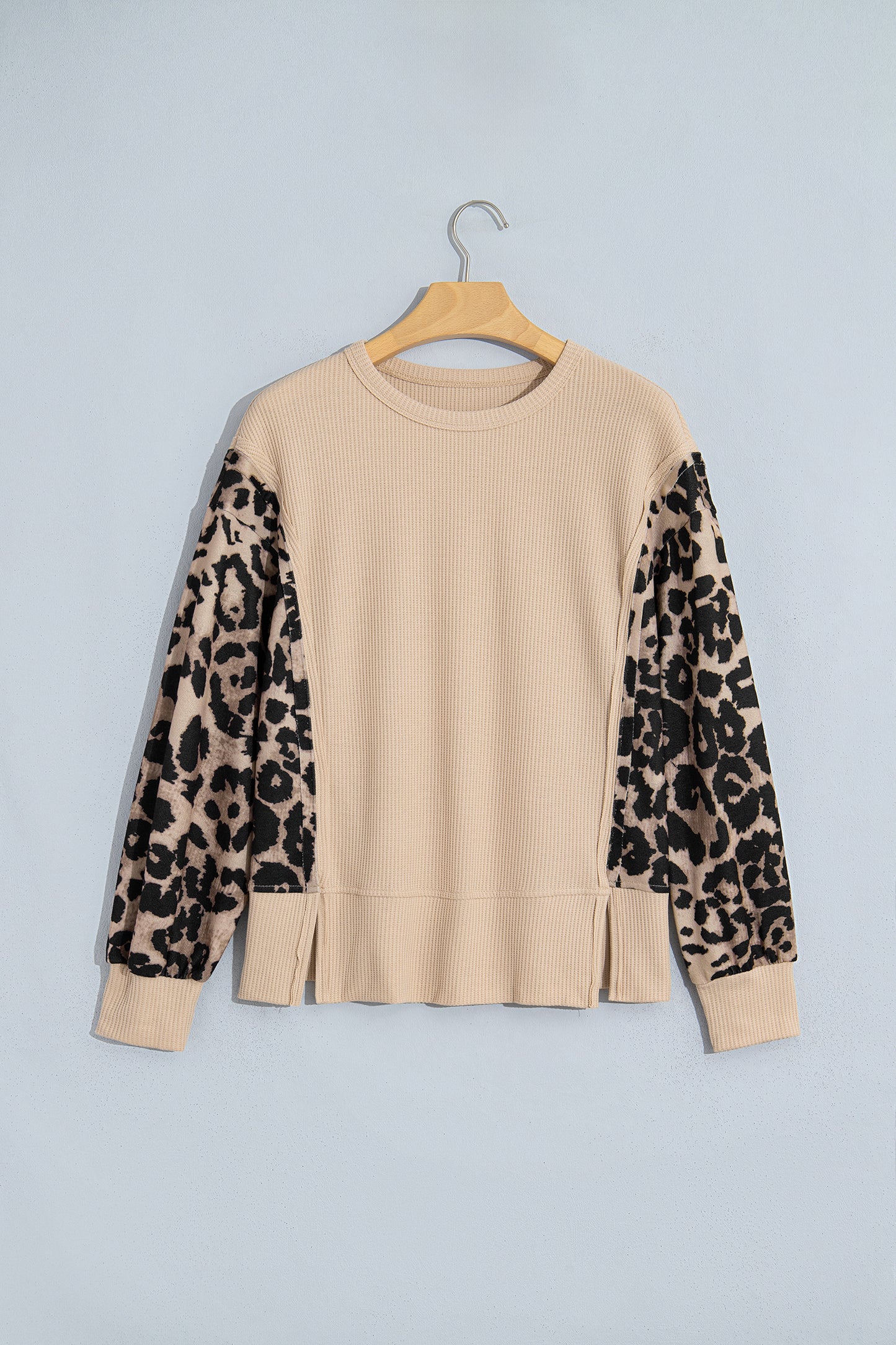 Gray Morn Leopard Sleeve Waffle Knit Split Hem Top-Tops/Long Sleeve Tops-[Adult]-[Female]-2022 Online Blue Zone Planet