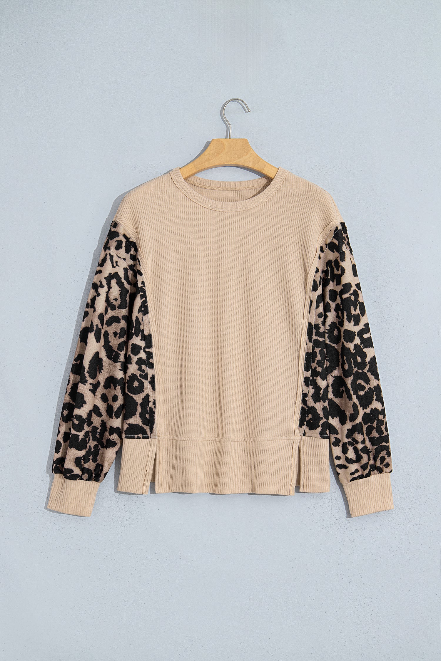 Gray Morn Leopard Sleeve Waffle Knit Split Hem Top-Tops/Long Sleeve Tops-[Adult]-[Female]-2022 Online Blue Zone Planet