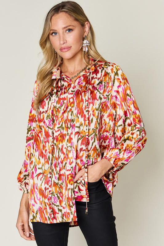 Double Take Full Size Printed Button Up Long Sleeve Shirt-TOPS / DRESSES-[Adult]-[Female]-Tangerine-S-2022 Online Blue Zone Planet