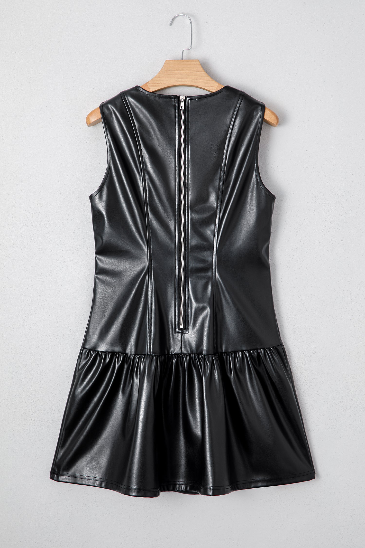faux leather ruffle dress One Sleeve Ruffle Chain Detail Faux Leather Dress Black