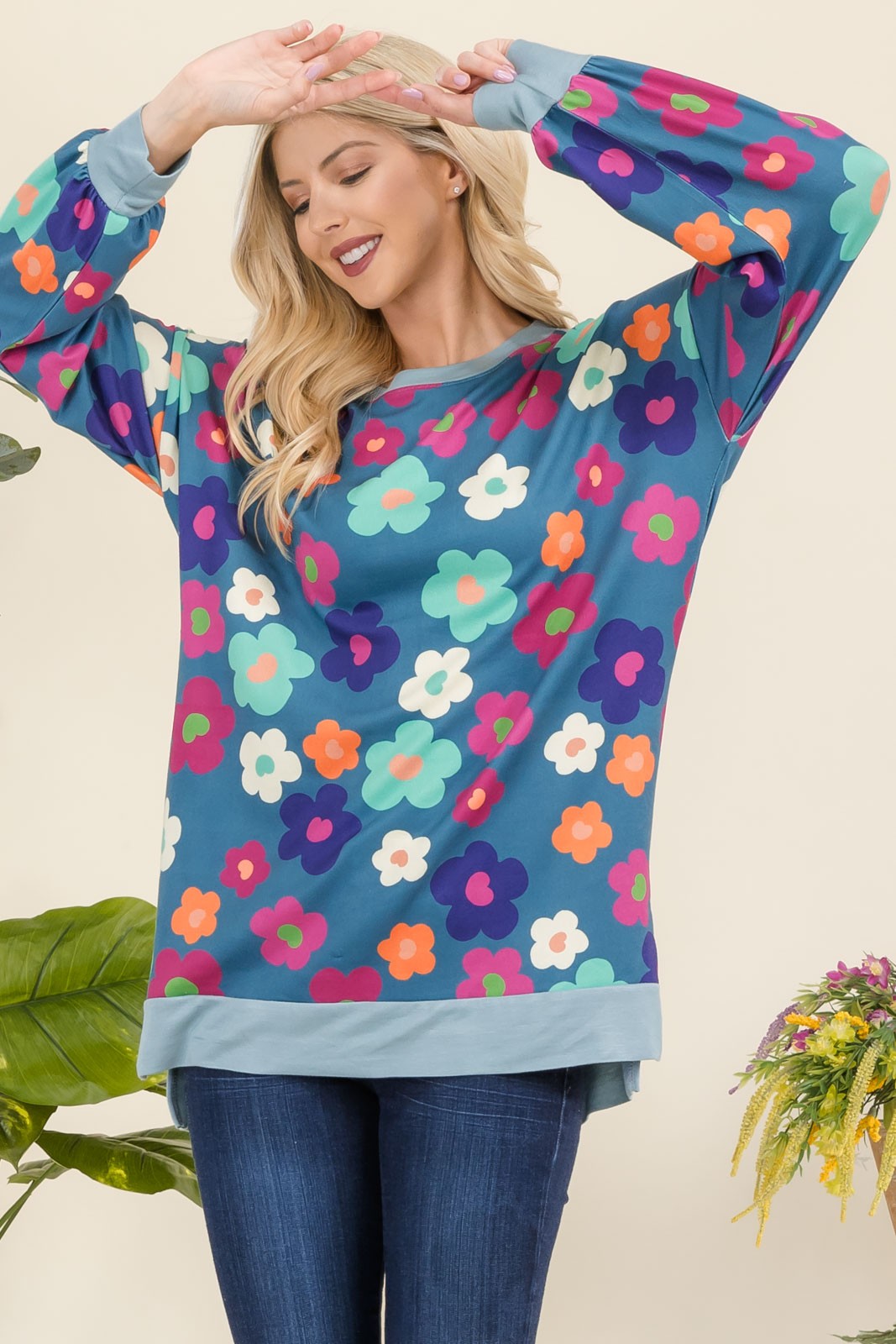 Blue Zone Planet | Celeste Full Size Side Slit Flower Print Long Sleeve Top-TOPS / DRESSES-[Adult]-[Female]-2022 Online Blue Zone Planet