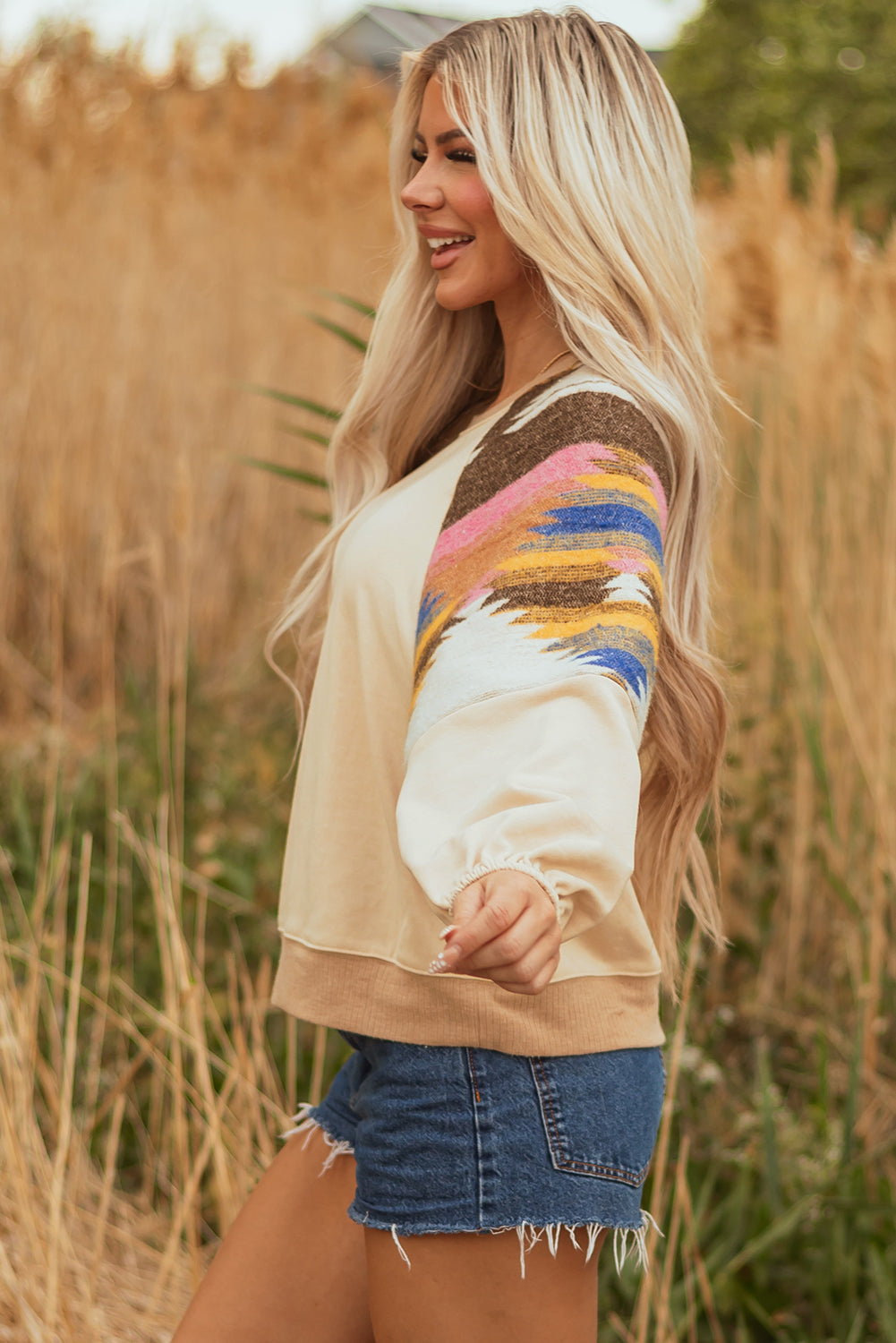 Light French Beige Aztec Patchwork Raglan Pullover Sweatshirt-Tops/Sweatshirts & Hoodies-[Adult]-[Female]-2022 Online Blue Zone Planet