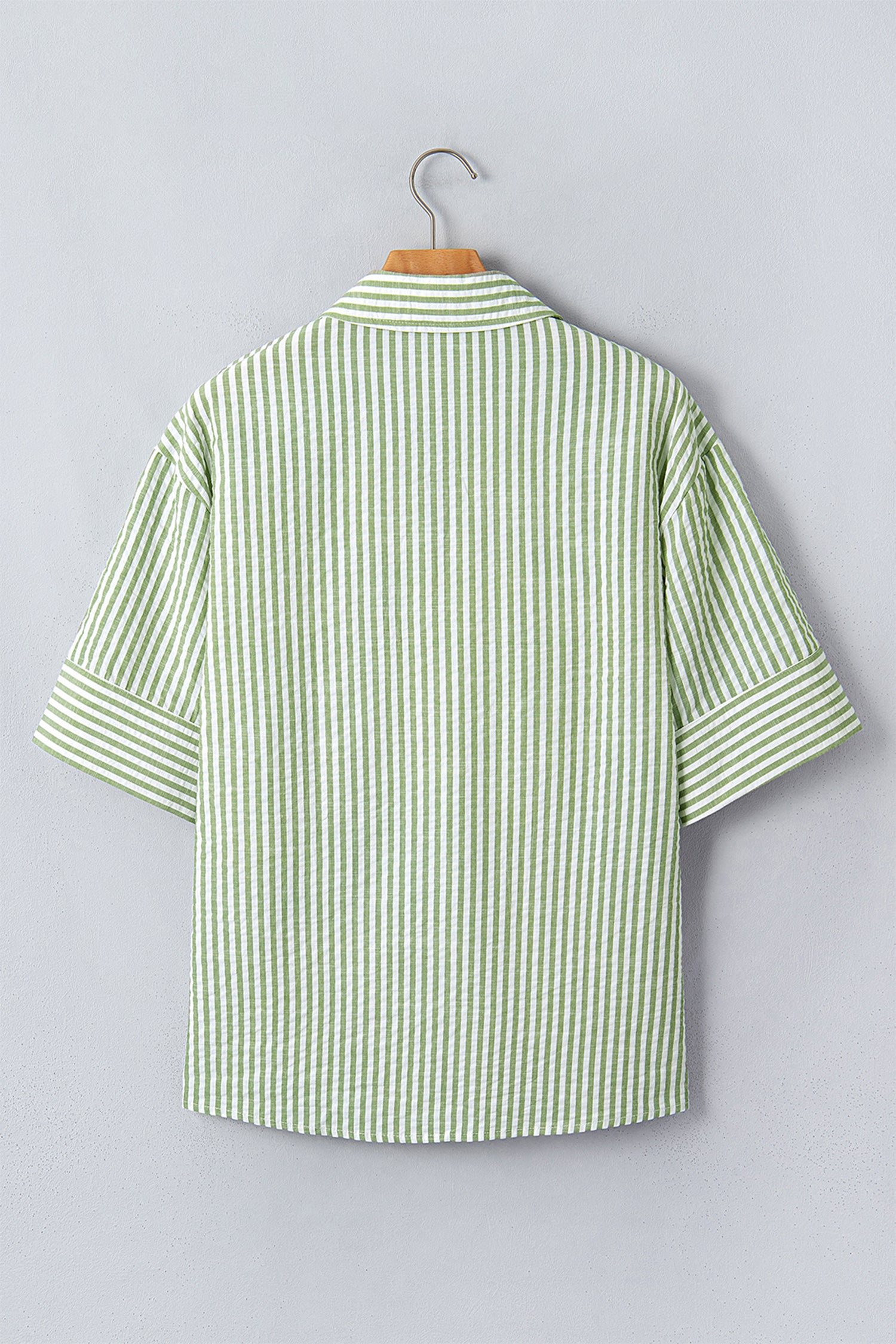 Green Stripe Shirt Collar Half Sleeve Blouse-Tops/Blouses & Shirts-[Adult]-[Female]-2022 Online Blue Zone Planet