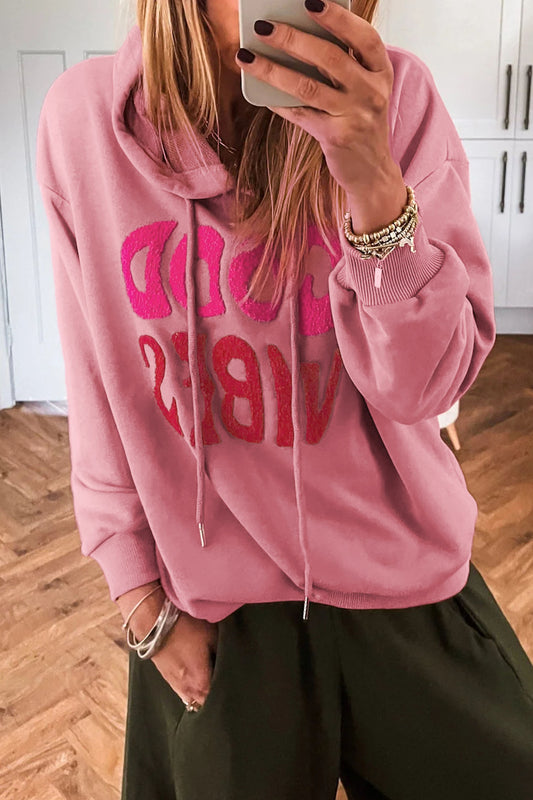 Gossamer Pink GOOD VIBES Chenille Letter Graphic Casual Hoodie-Tops / Dresses-[Adult]-[Female]-Gossamer Pink-S-2022 Online Blue Zone Planet