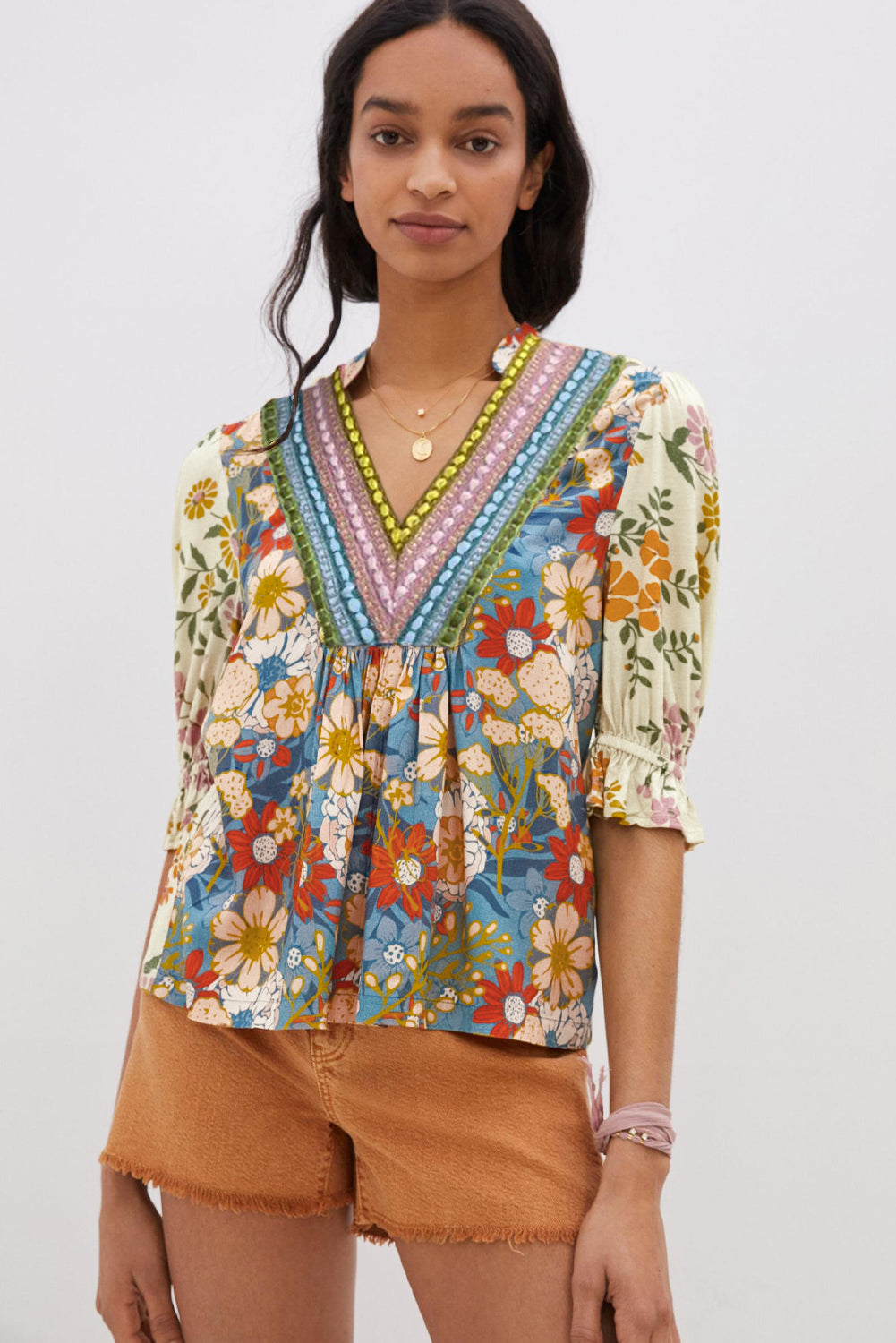 Multicolour Crochet V Neck Half Sleeve Boho Floral Blouse-Tops/Blouses & Shirts-[Adult]-[Female]-2022 Online Blue Zone Planet