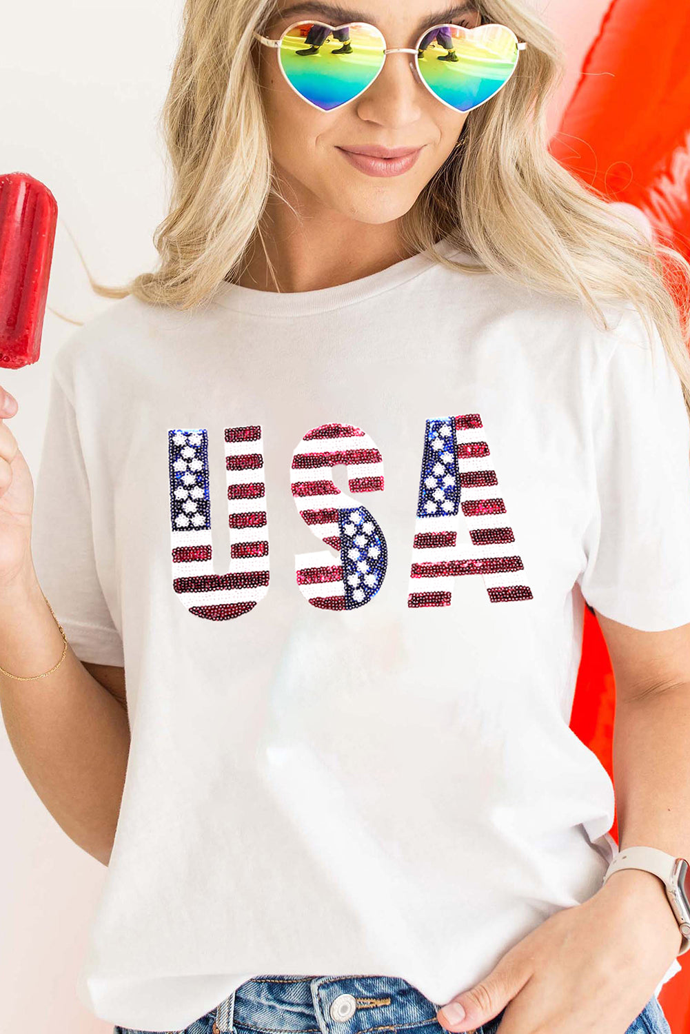 White USA Flag Sequin Graphic Patched Round Neck T Shirt-Graphic Tees-[Adult]-[Female]-2022 Online Blue Zone Planet