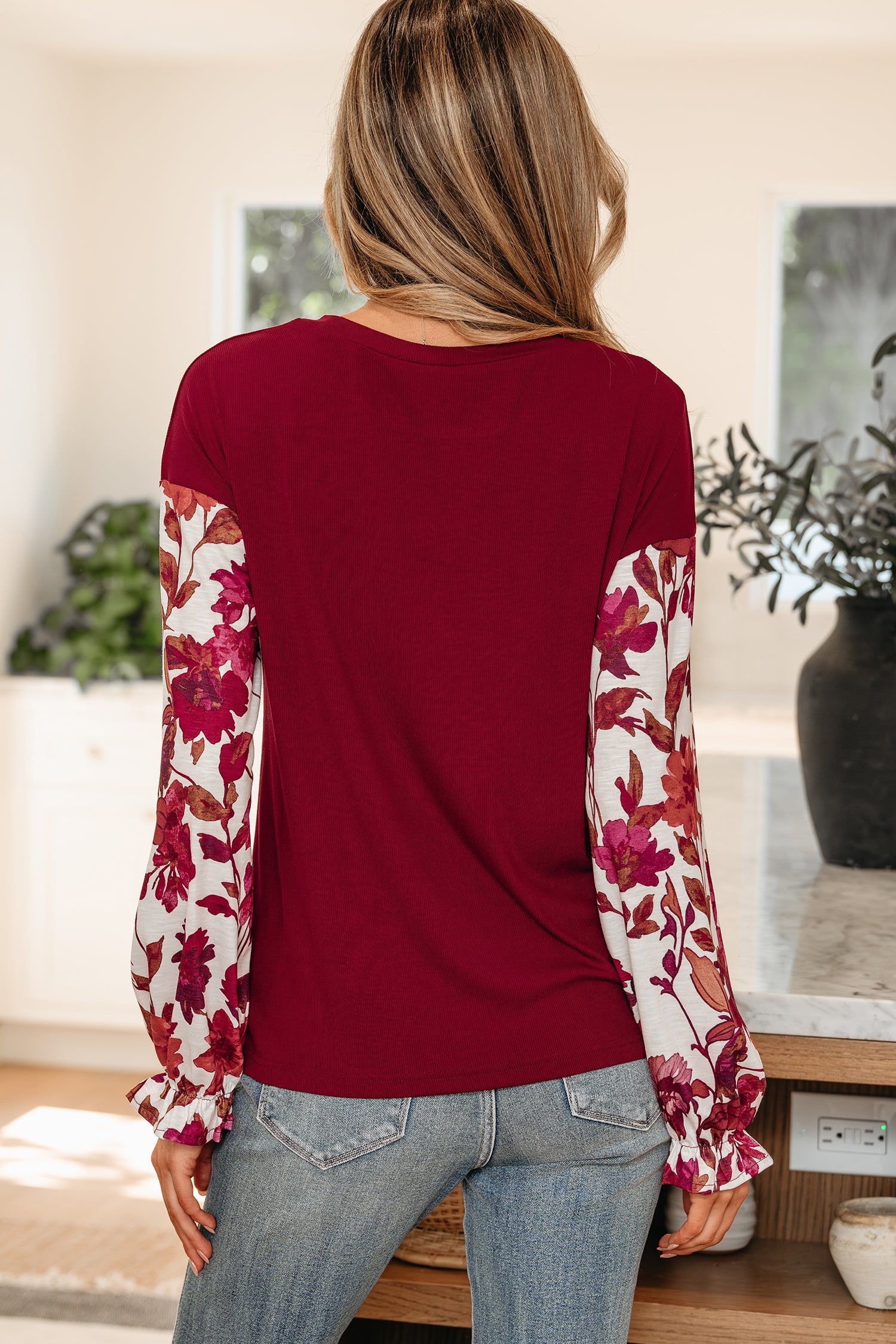 Wild Ginger Contrast Floral Sleeve Solid Ribbed Body Patchwork Long Sleeve Top-Tops/Long Sleeve Tops-[Adult]-[Female]-2022 Online Blue Zone Planet