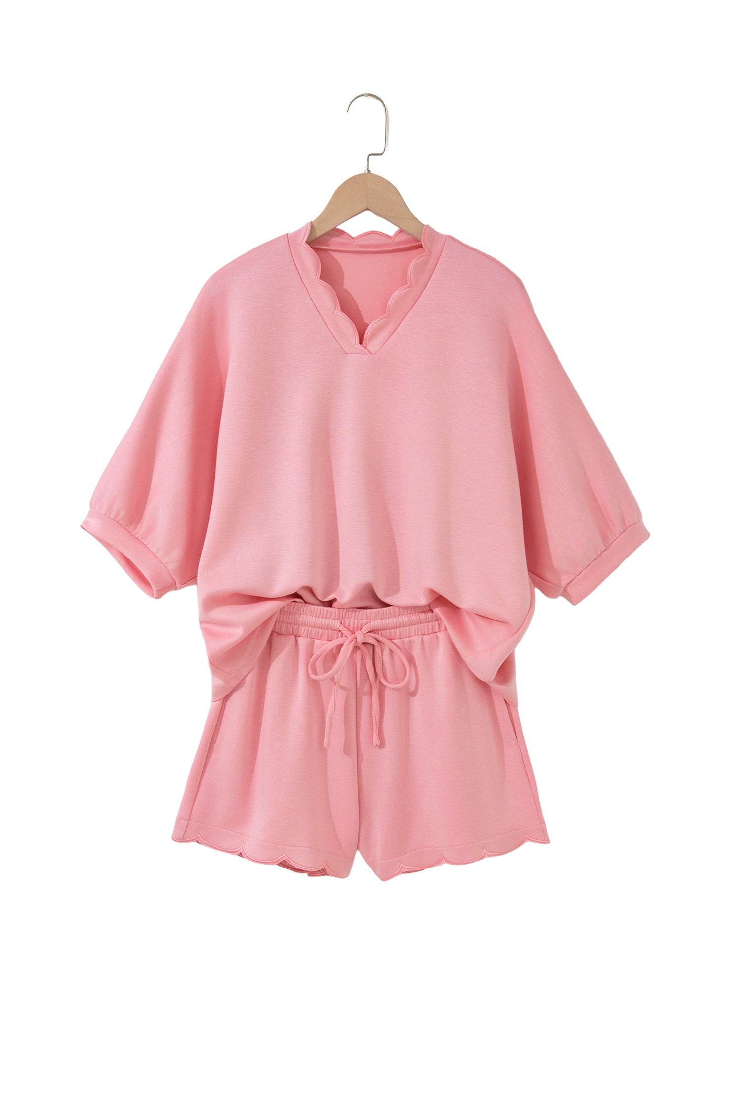 Gossamer Pink Scalloped V Neck Dolman Oversize Top Drawstring Short Set-Two Piece Sets/Short Sets-[Adult]-[Female]-2022 Online Blue Zone Planet