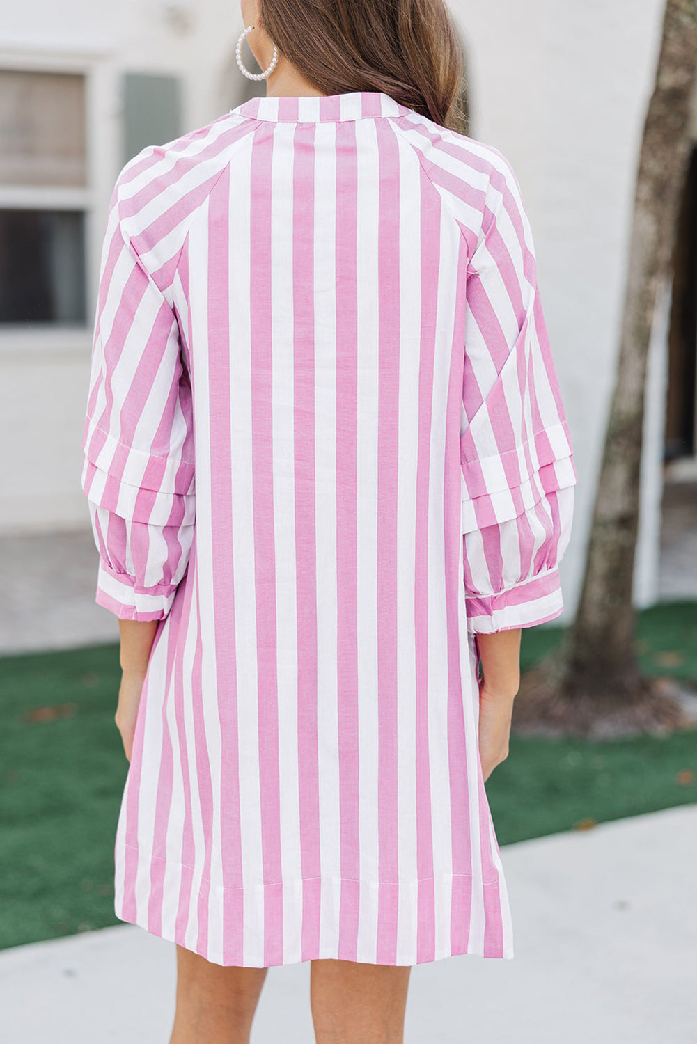 Rose Stripe Bracelet Sleeve Buttons Loose Mini Dress-Bracelet-[Adult]-[Female]-2022 Online Blue Zone Planet