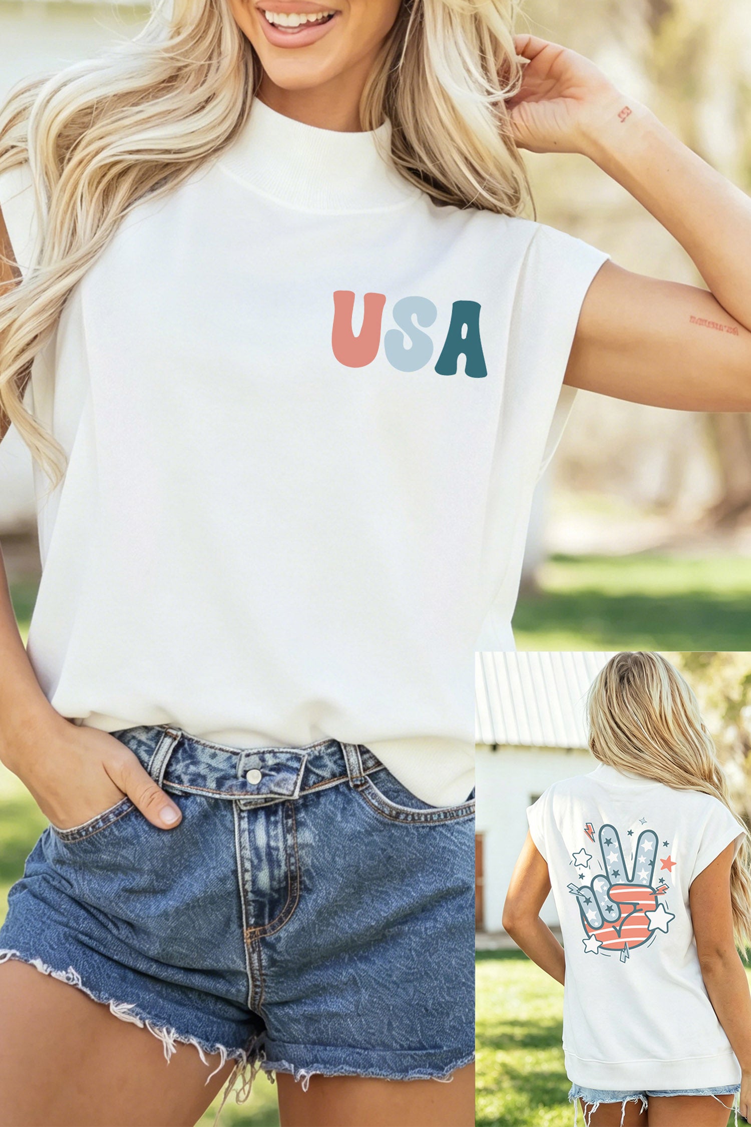 White USA/ Patriotic Victory Double Side Printed Mock Neck Tee-Graphic/Graphic Tees-[Adult]-[Female]-2022 Online Blue Zone Planet