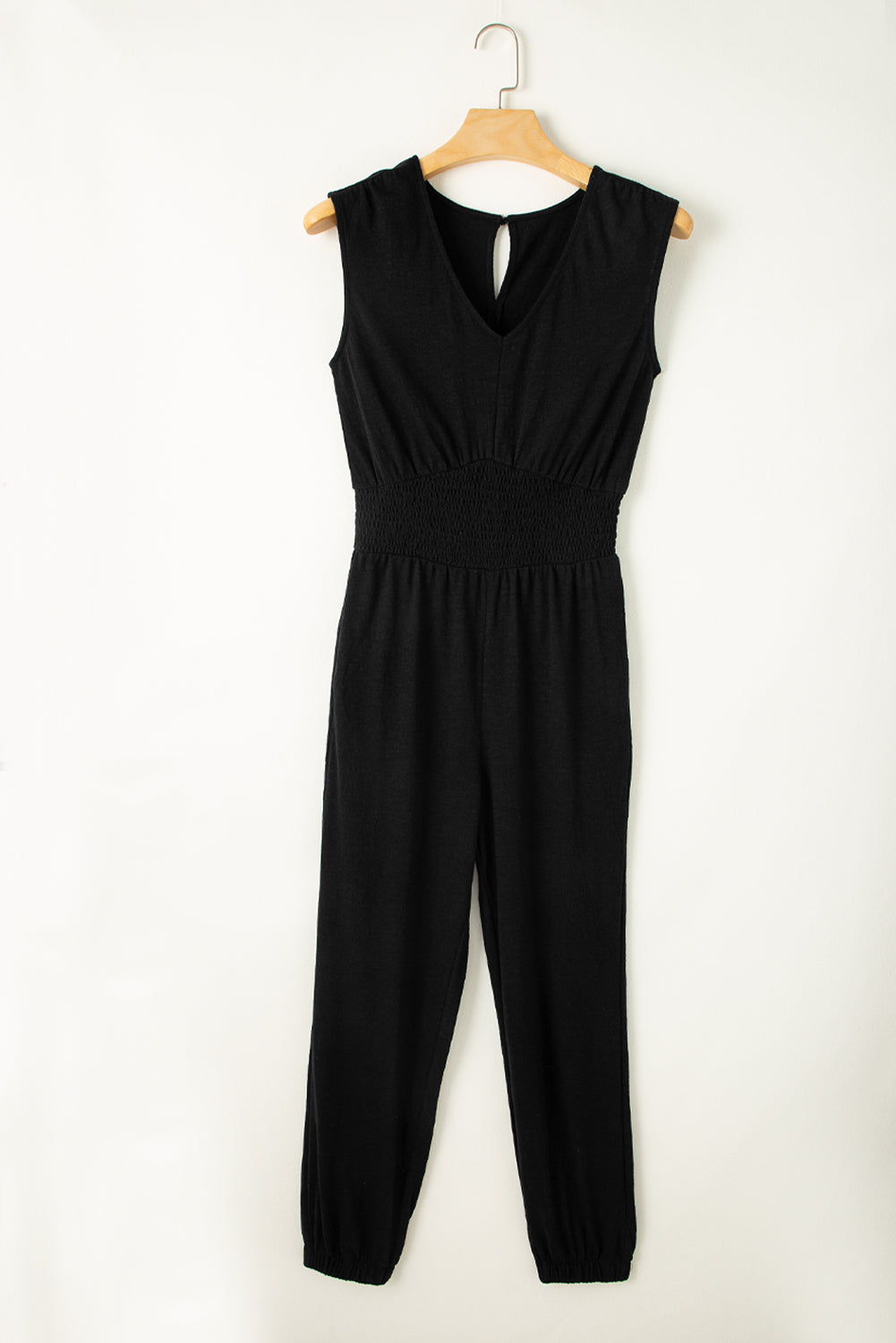 Black Shirred High Waist Sleeveless V Neck Jumpsuit-Bottoms/Jumpsuits & Rompers-[Adult]-[Female]-2022 Online Blue Zone Planet