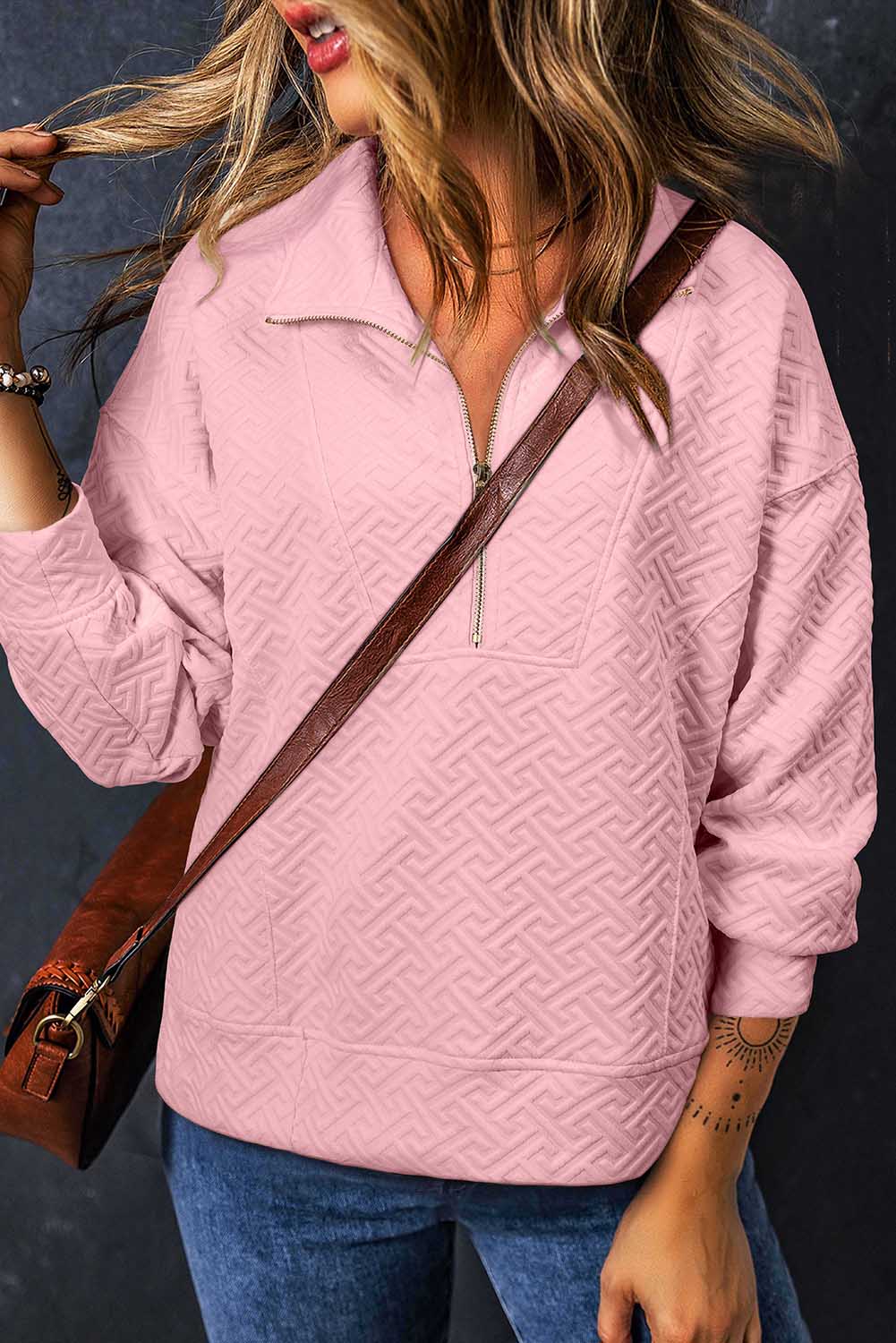 Beige Solid Textured Half Zipper Collared Sweatshirt-Tops/Sweatshirts & Hoodies-[Adult]-[Female]-Light Pink-S-2022 Online Blue Zone Planet