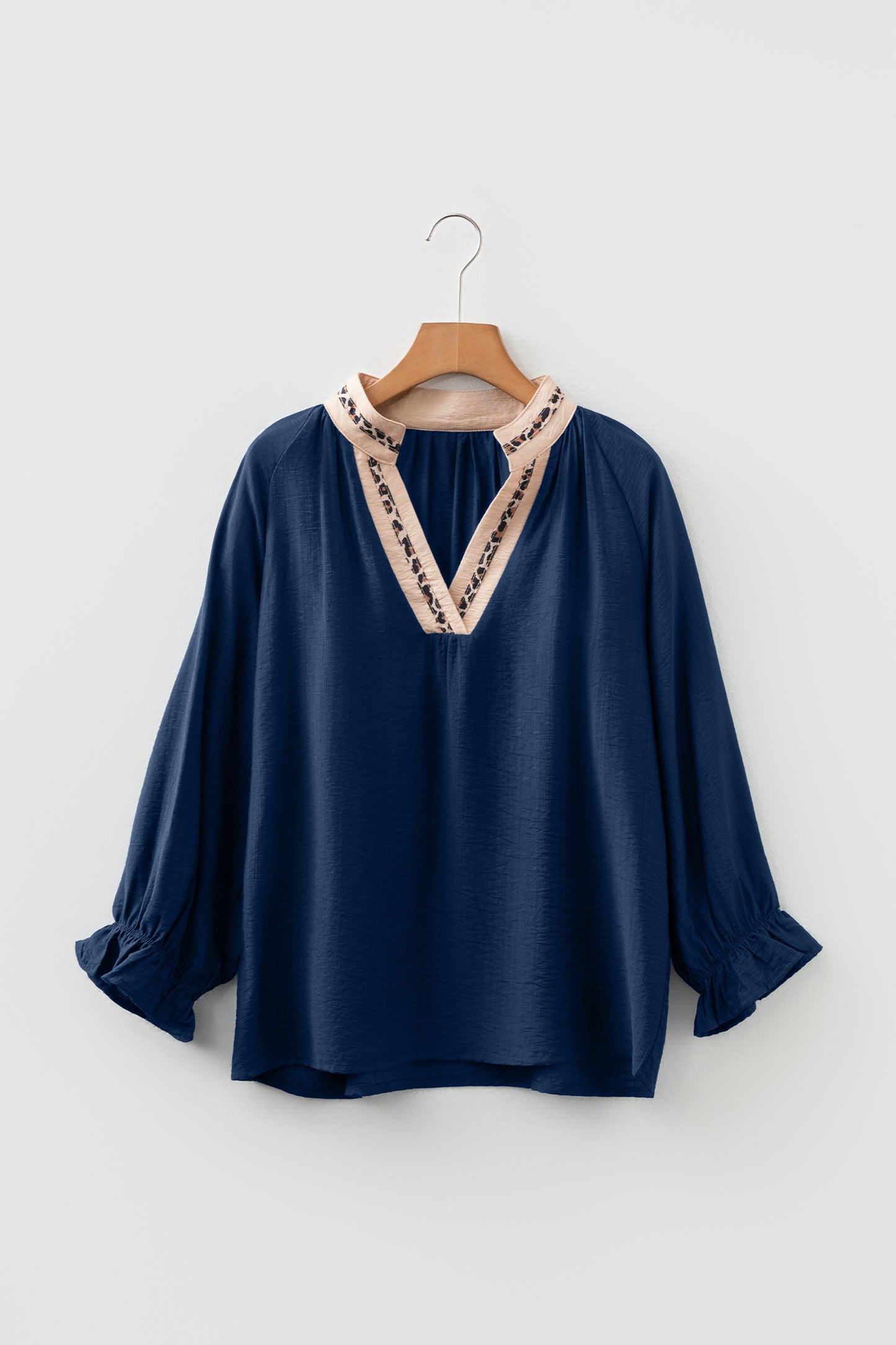 Violet Leopard Trim V Neck Flounced Bracelet Sleeve Blouse-Bracelet-[Adult]-[Female]-2022 Online Blue Zone Planet
