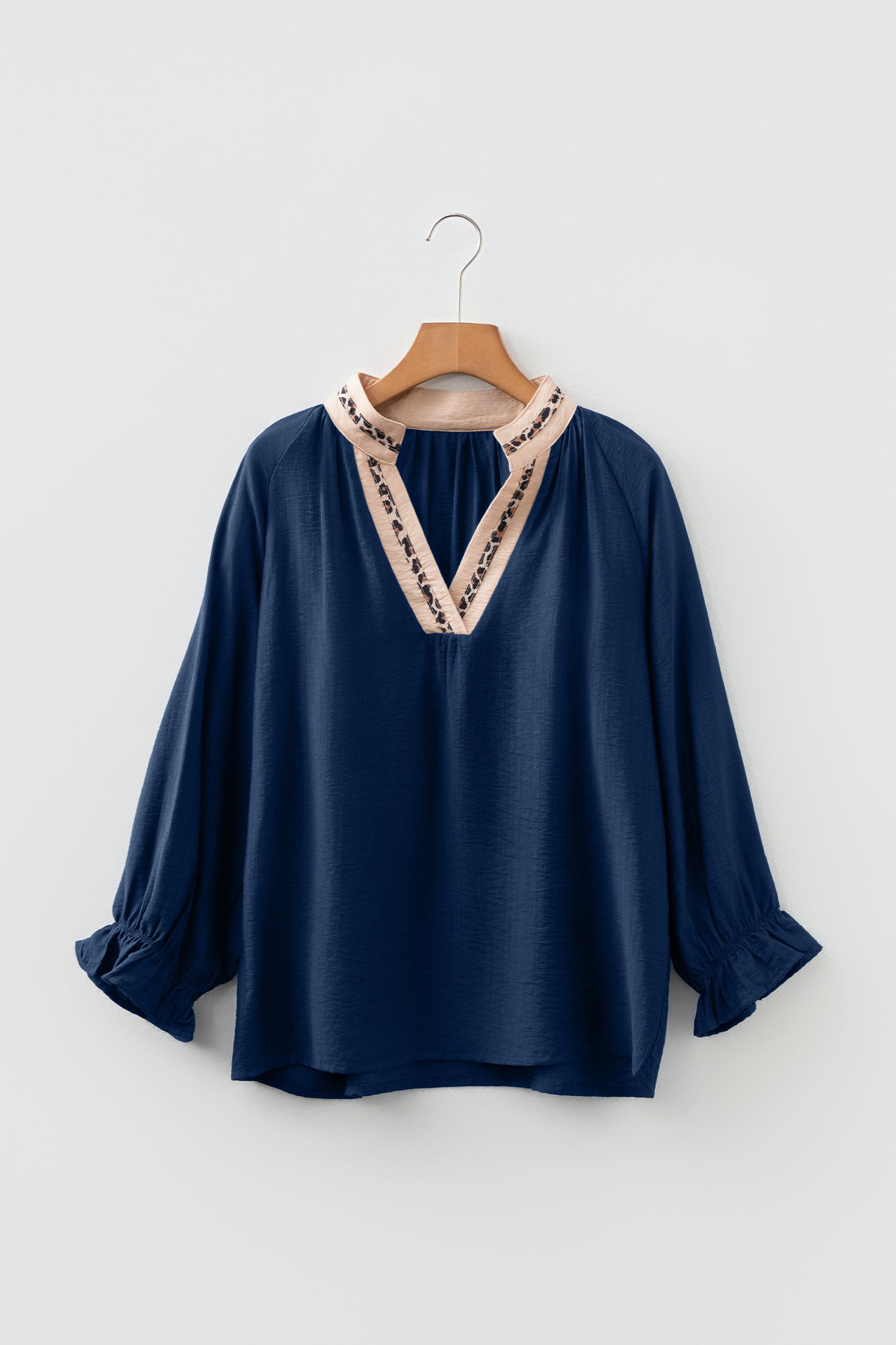 Violet Leopard Trim V Neck Flounced Bracelet Sleeve Blouse-Bracelet-[Adult]-[Female]-2022 Online Blue Zone Planet