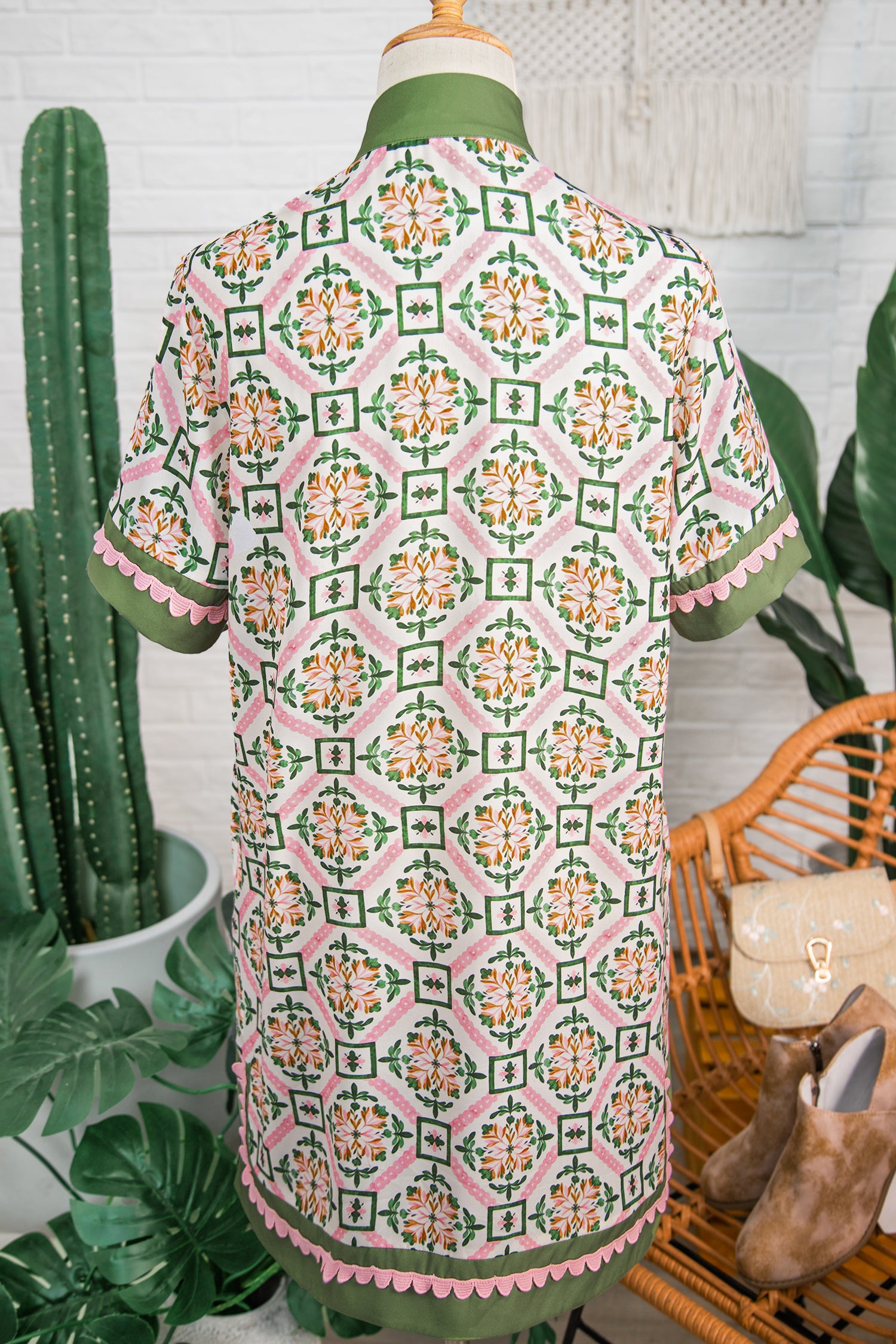 Multicolour Boho Geometric Flower Print Short Sleeve Loose Mini Dress-TOPS / DRESSES-[Adult]-[Female]-2022 Online Blue Zone Planet