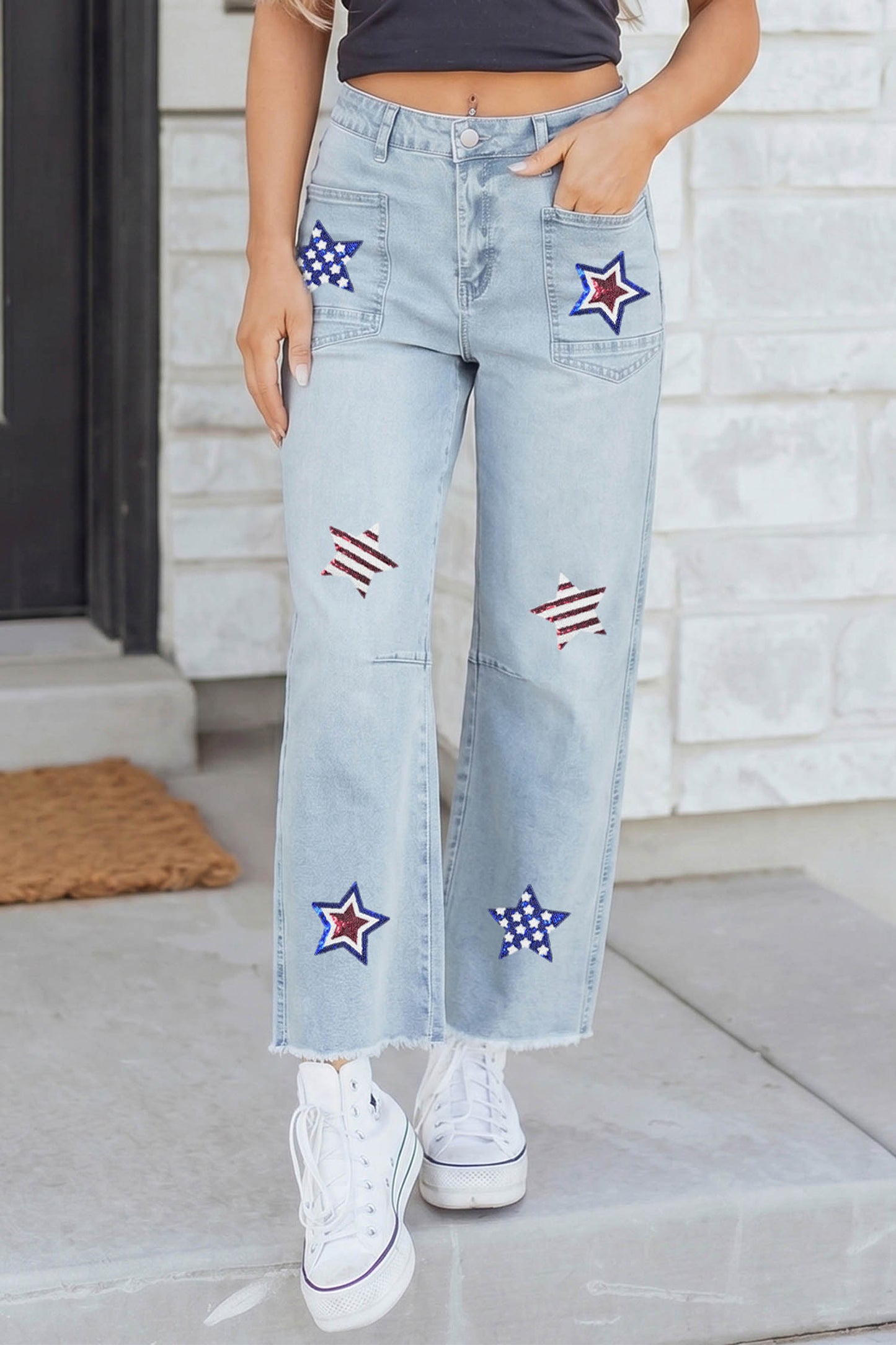 Beau Blue Patriotic Sequin Star Pattern Jeans-Graphic/Graphic Pants-[Adult]-[Female]-2022 Online Blue Zone Planet