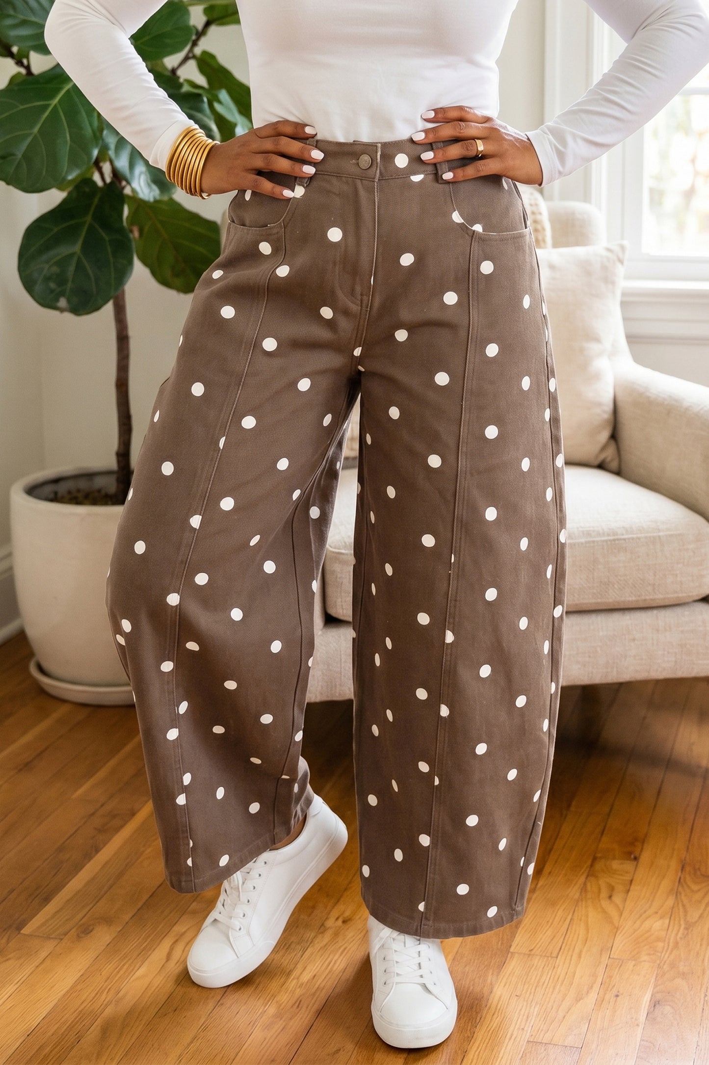 Brown Tailored Seam Polka Dot Print Barrel Casual Jeans-Bottoms/Jeans-[Adult]-[Female]-2022 Online Blue Zone Planet