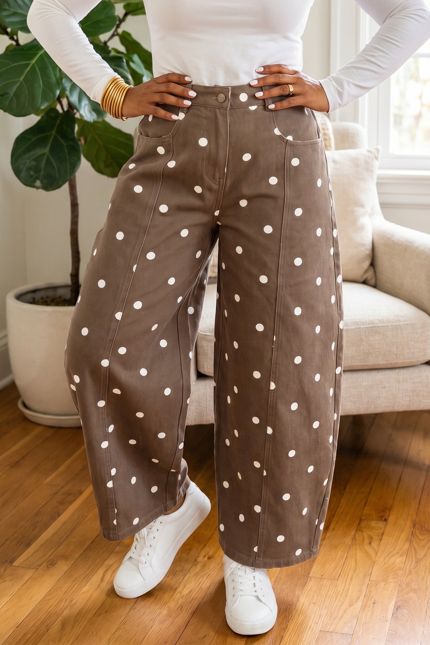 Brown Tailored Seam Polka Dot Print Barrel Casual Jeans-Bottoms/Jeans-[Adult]-[Female]-2022 Online Blue Zone Planet