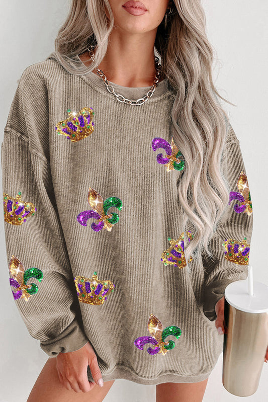 Khaki Mardi Gras Sequin Crown Fleur De Lis Corded Sweatshirt-Graphic/Graphic Sweatshirts-[Adult]-[Female]-Khaki-S-2022 Online Blue Zone Planet