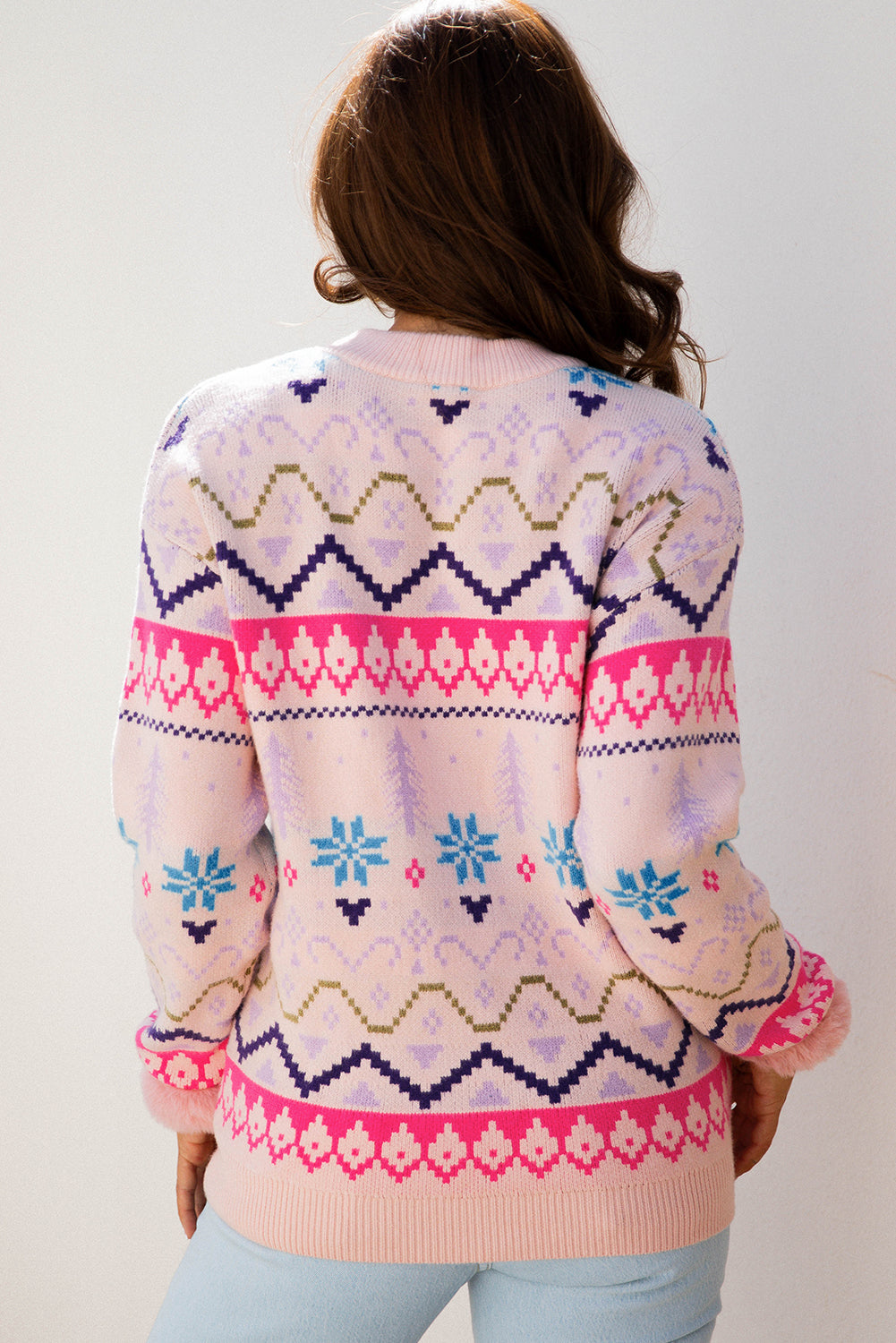 Multicolour Ethnic Christmas Pattern Knit Feather Cuffed Sweater-TOPS / DRESSES-[Adult]-[Female]-2022 Online Blue Zone Planet