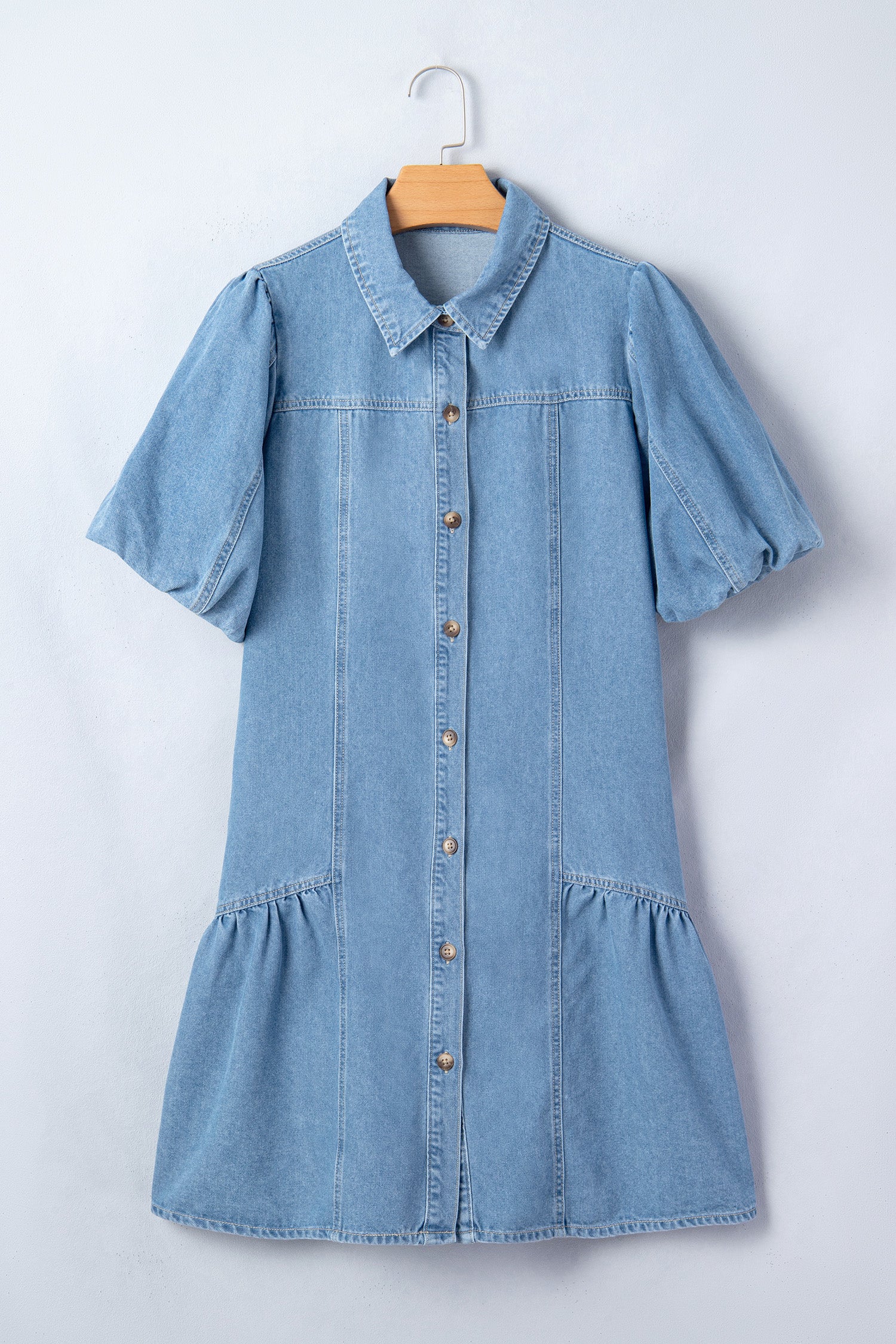 Beau Blue Button Down Short Puff Sleeve Ruffle Hem Patchwork Denim Dress-TOPS / DRESSES-[Adult]-[Female]-2022 Online Blue Zone Planet