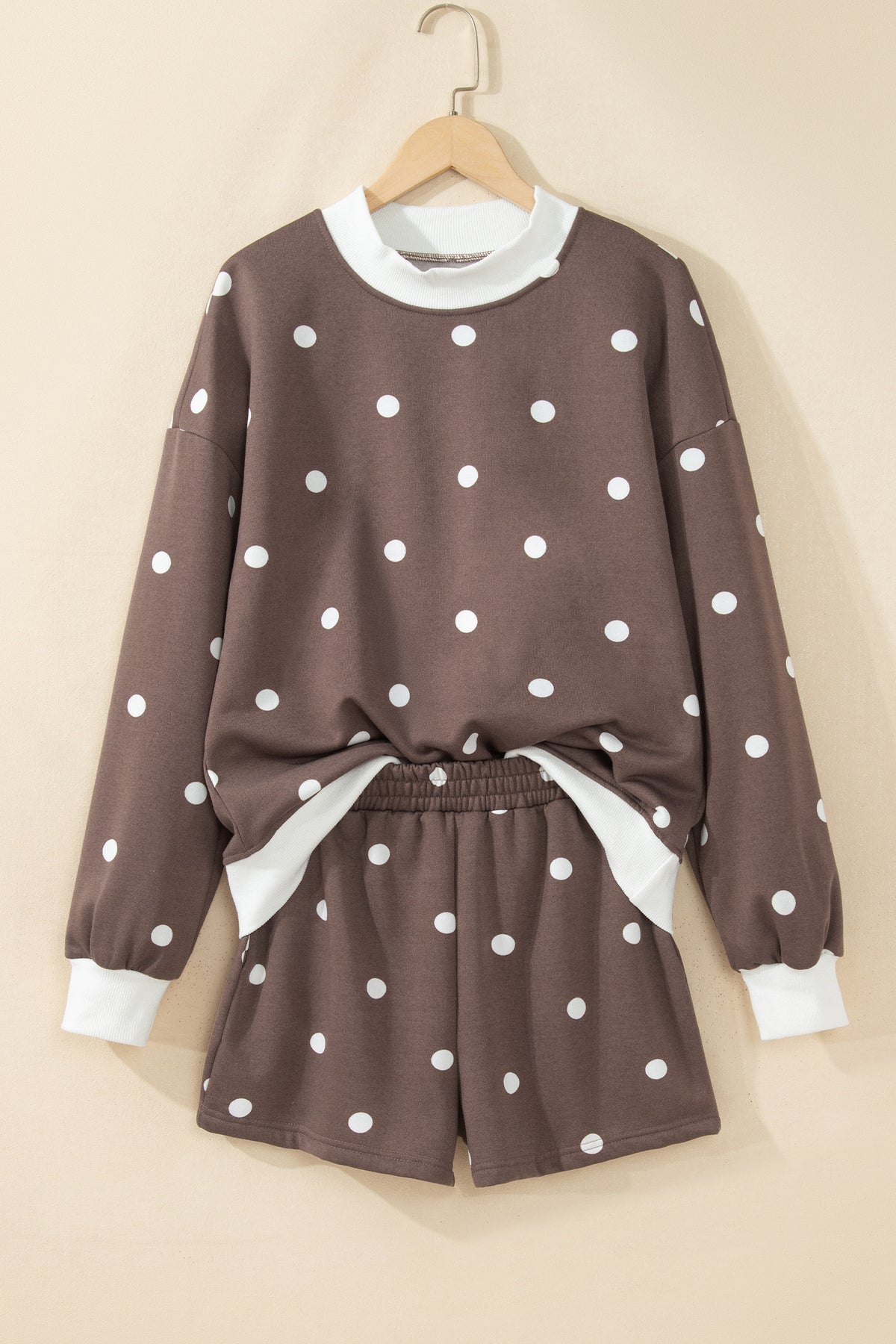 Brown Polka Dot Ribbed Trim Long Sleeve Top Casual Short Set-Two Piece Sets/Short Sets-[Adult]-[Female]-2022 Online Blue Zone Planet