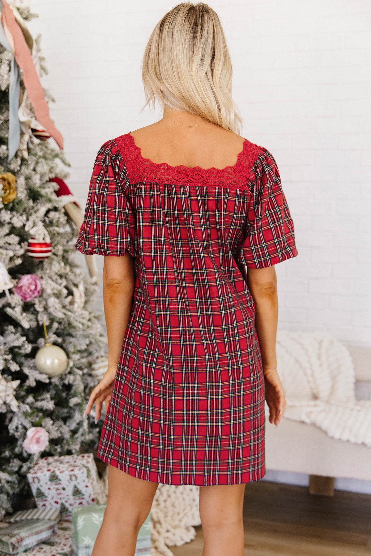 Red Plaid Square Collar Lace Trim Short Sleeve Shift Mini Dress-TOPS / DRESSES-[Adult]-[Female]-2022 Online Blue Zone Planet