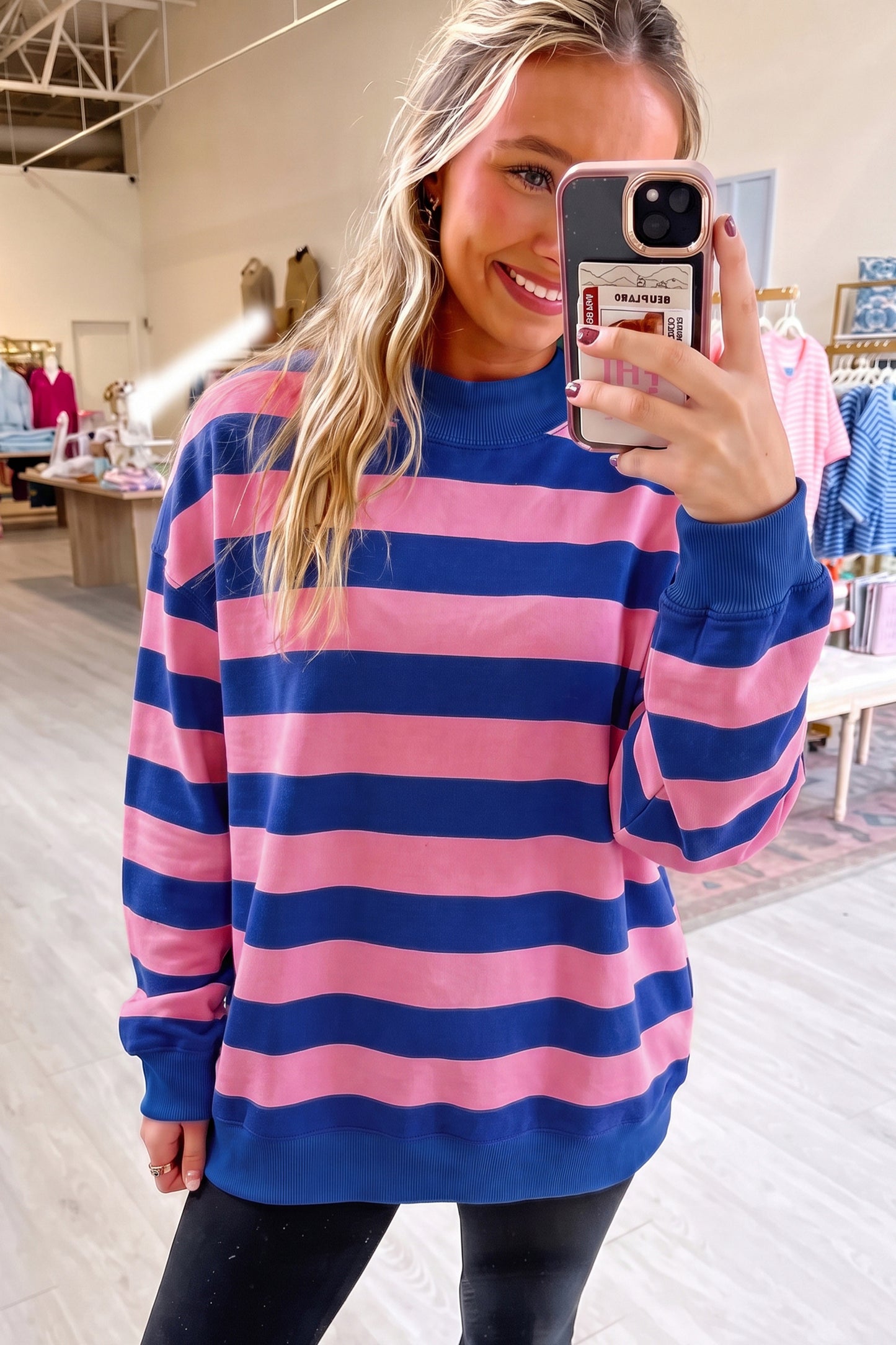 Rose Stripe Colorblock Mock Neck Relaxed Sweatshirt