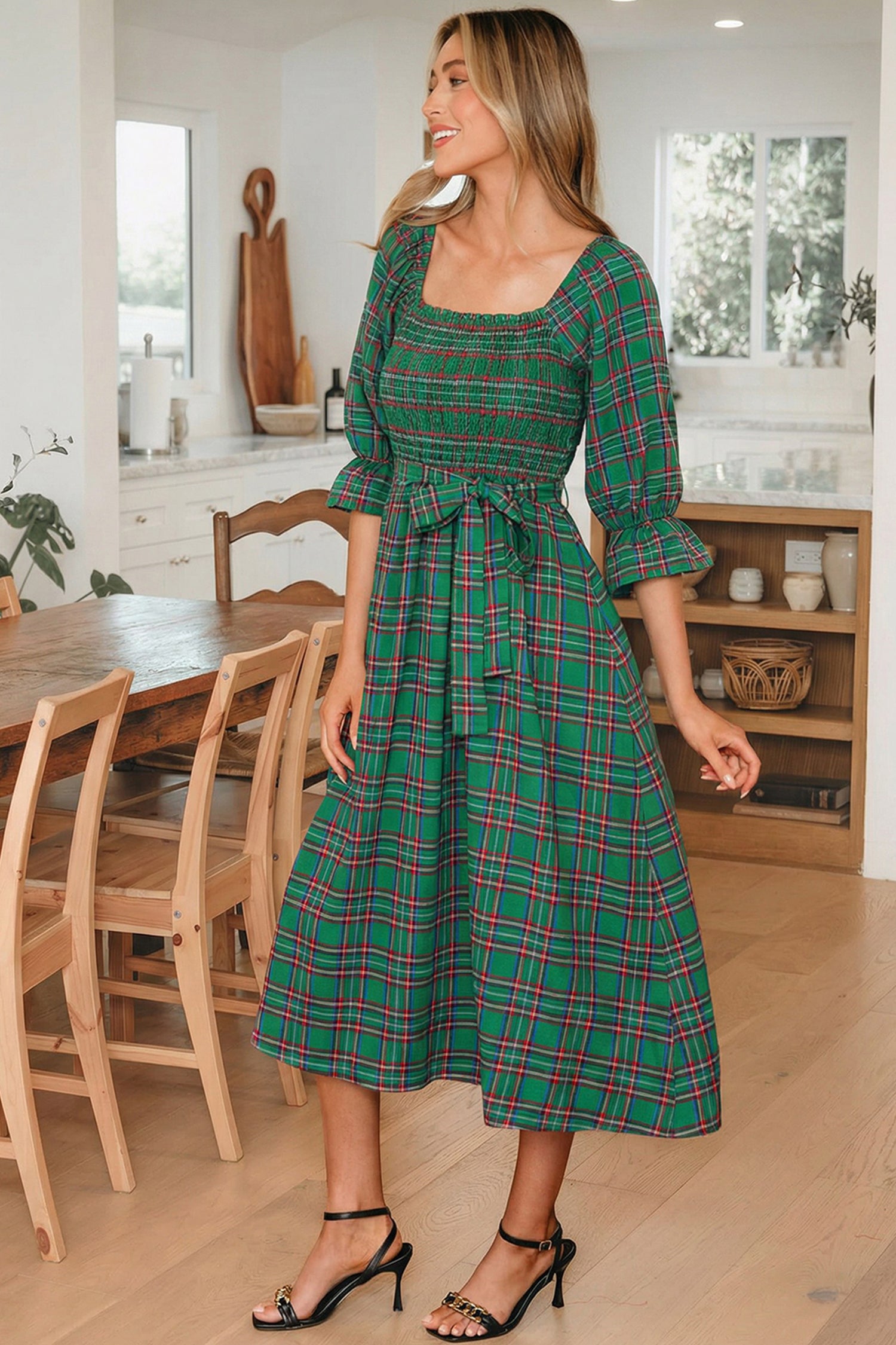 Green Tartan Plaid Square Neck Puff Sleeve Knot Waist Flared Midi Dress-TOPS / DRESSES-[Adult]-[Female]-2022 Online Blue Zone Planet