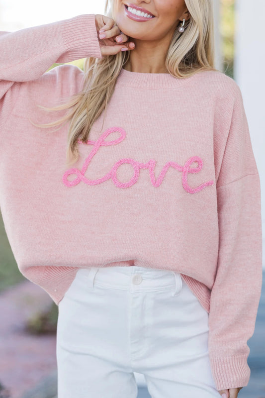 Pink Corded Love Script Graphic Baggy Sweater-TOPS / DRESSES-[Adult]-[Female]-2022 Online Blue Zone Planet
