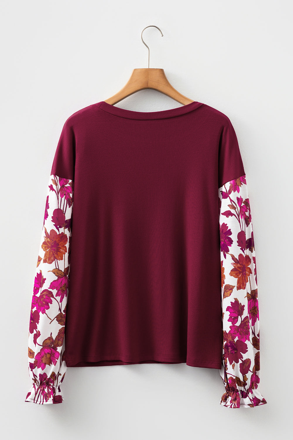Wild Ginger Contrast Floral Sleeve Solid Ribbed Body Patchwork Long Sleeve Top-Tops/Long Sleeve Tops-[Adult]-[Female]-2022 Online Blue Zone Planet