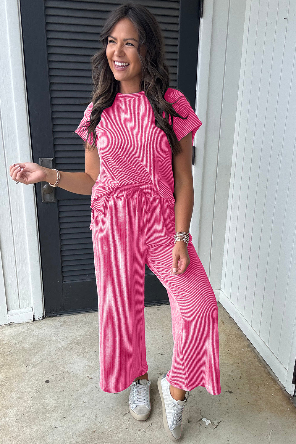 Wild Wind Solid Corded Knit Short Sleeve T Shirt and Wide Leg Pants Set-Two Piece Sets/Pant Sets-[Adult]-[Female]-2022 Online Blue Zone Planet