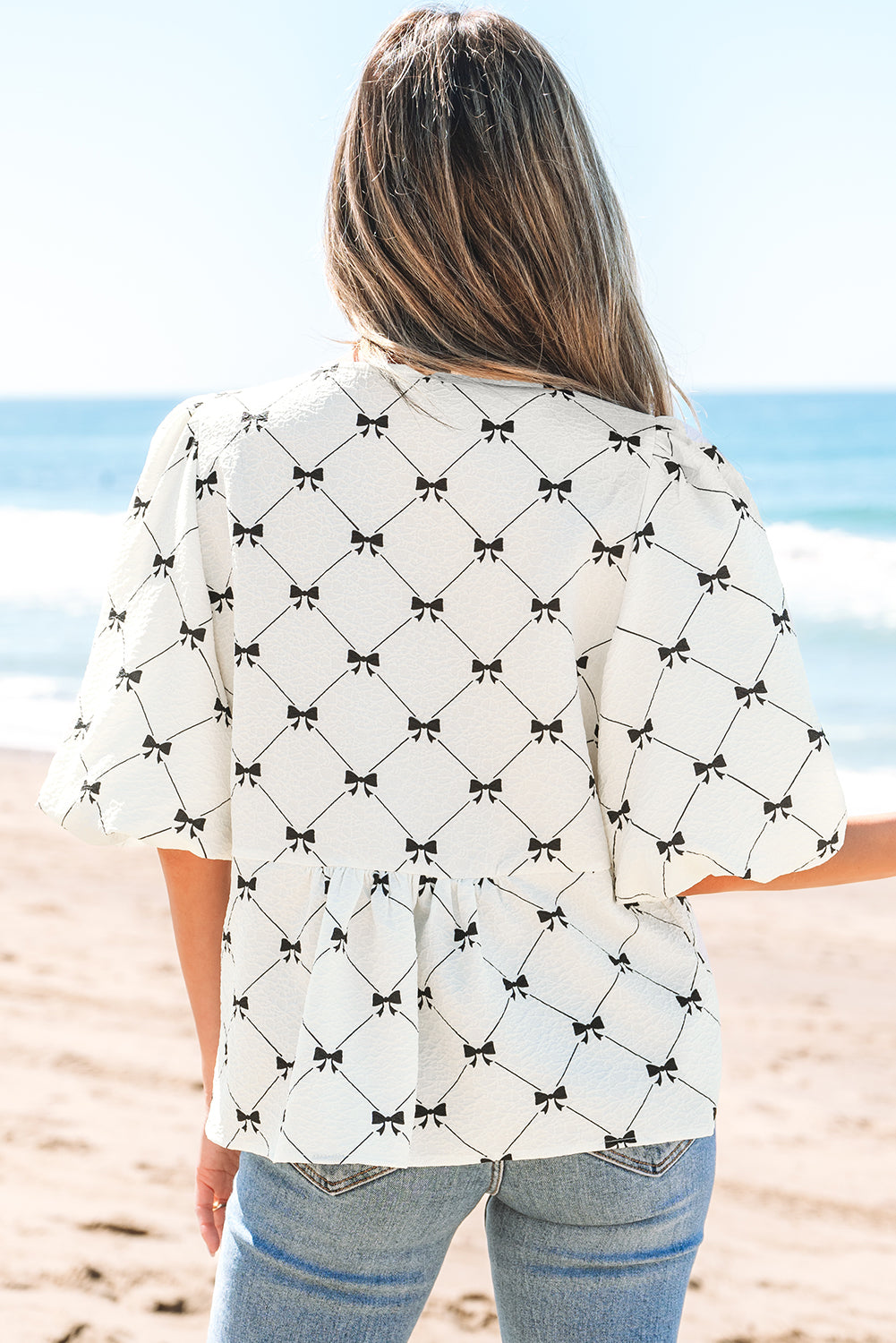 White Bowknot Print Front Knots Bubble Sleeve Blouse-Tops/Blouses & Shirts-[Adult]-[Female]-2022 Online Blue Zone Planet