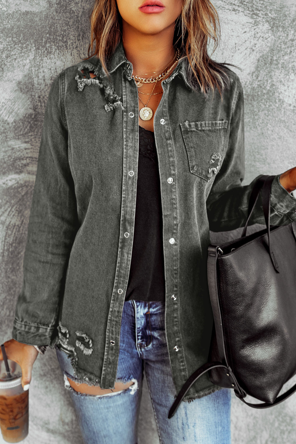 Distressed Raw Hem Snap Down Denim Jacket-TOPS / DRESSES-[Adult]-[Female]-Dark Gray-S-2022 Online Blue Zone Planet