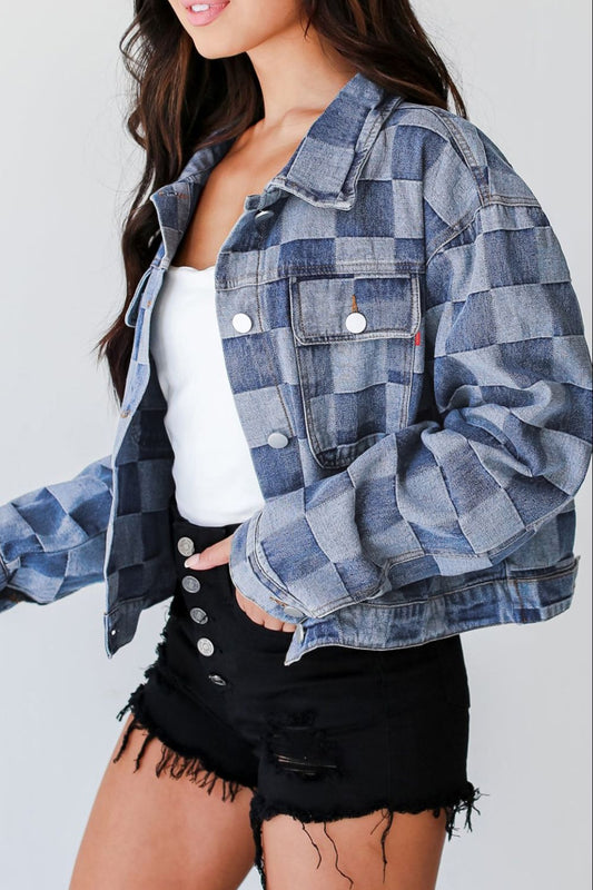 Checkered Button Up Denim Jacket-TOPS / DRESSES-[Adult]-[Female]-Medium-S-2022 Online Blue Zone Planet