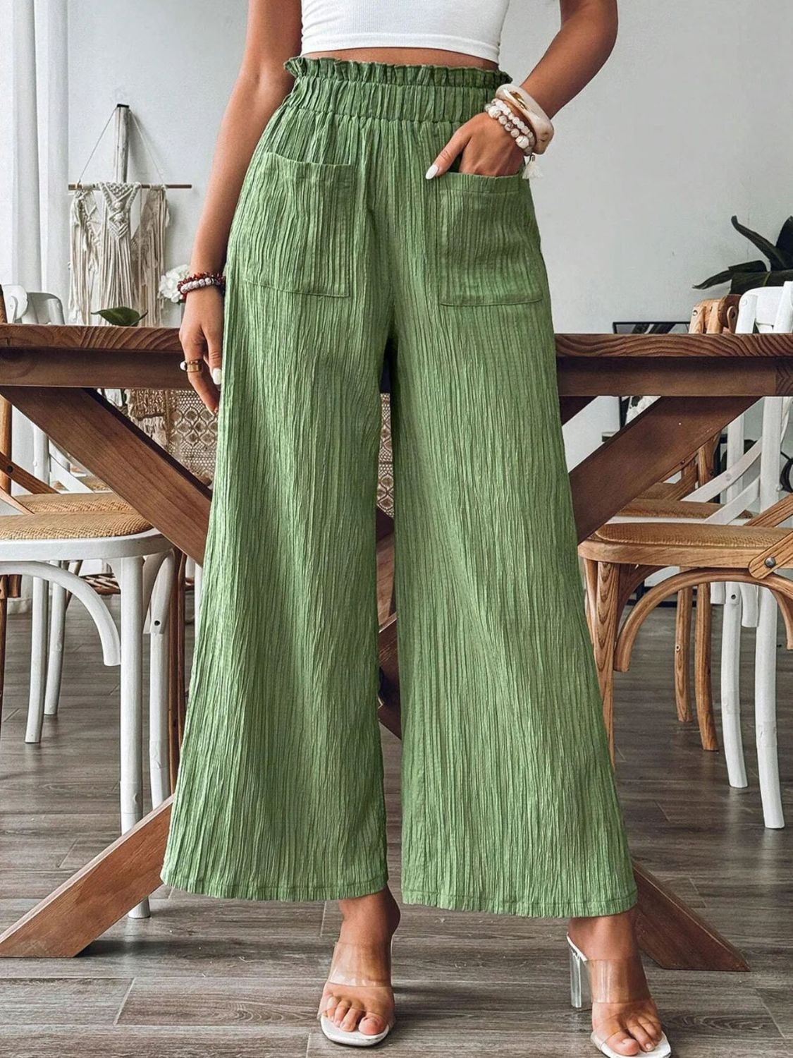 Blue Zone Planet | Pocketed Elastic Waist Wide Leg Pants-BOTTOMS SIZES SMALL MEDIUM LARGE-[Adult]-[Female]-Green-S-2022 Online Blue Zone Planet