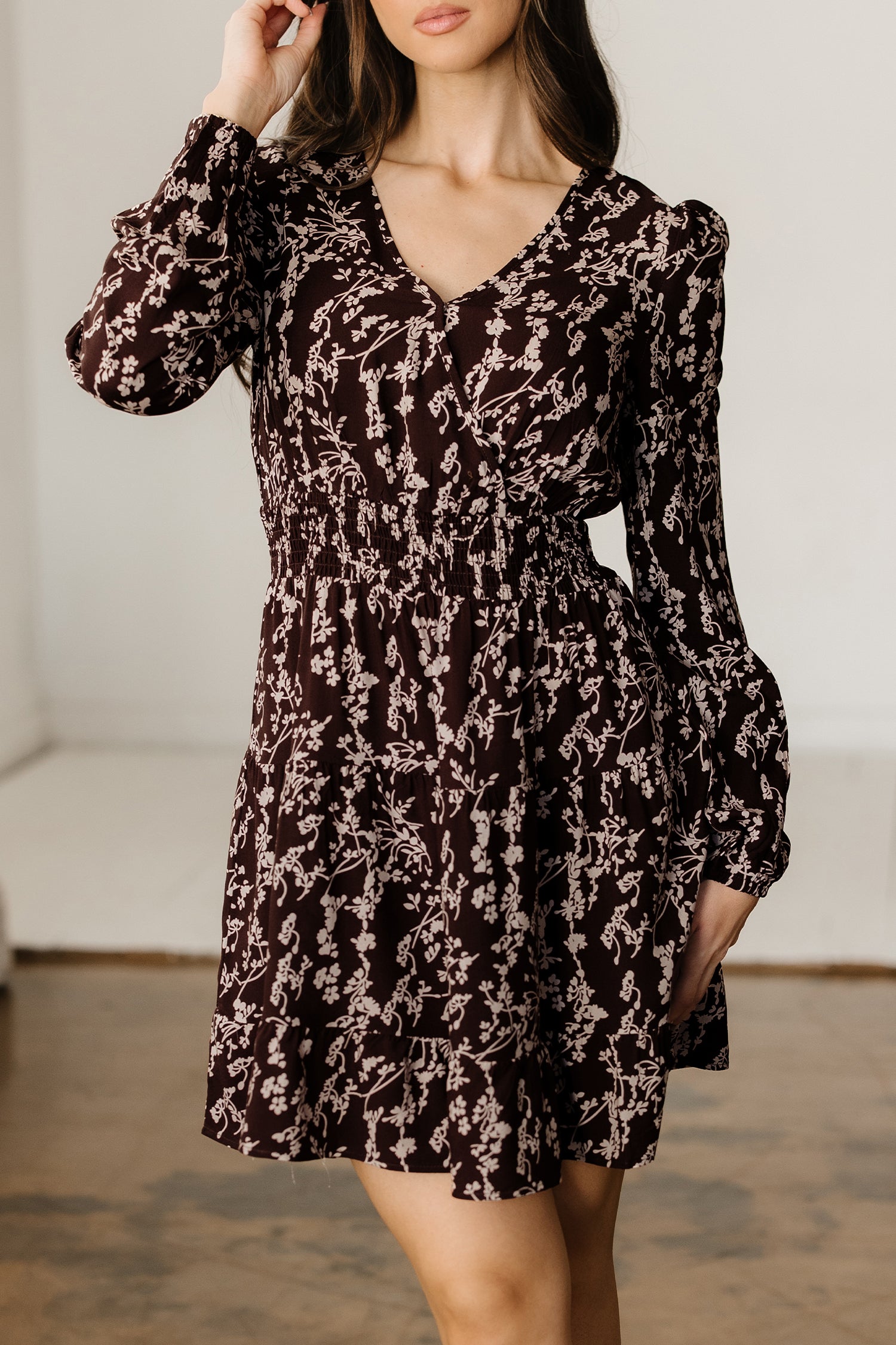 Brown Ditsy Floral Print Split Neck Long Sleeve Shirred Waist Flared Mini Dress-TOPS / DRESSES-[Adult]-[Female]-2022 Online Blue Zone Planet