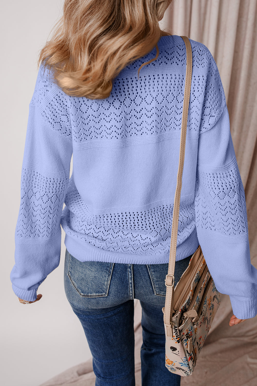 Sky Blue Eyelet Pattern Detail V Neck Drop Shoulder Sweater-Sweaters & Cardigans/Sweaters-[Adult]-[Female]-2022 Online Blue Zone Planet