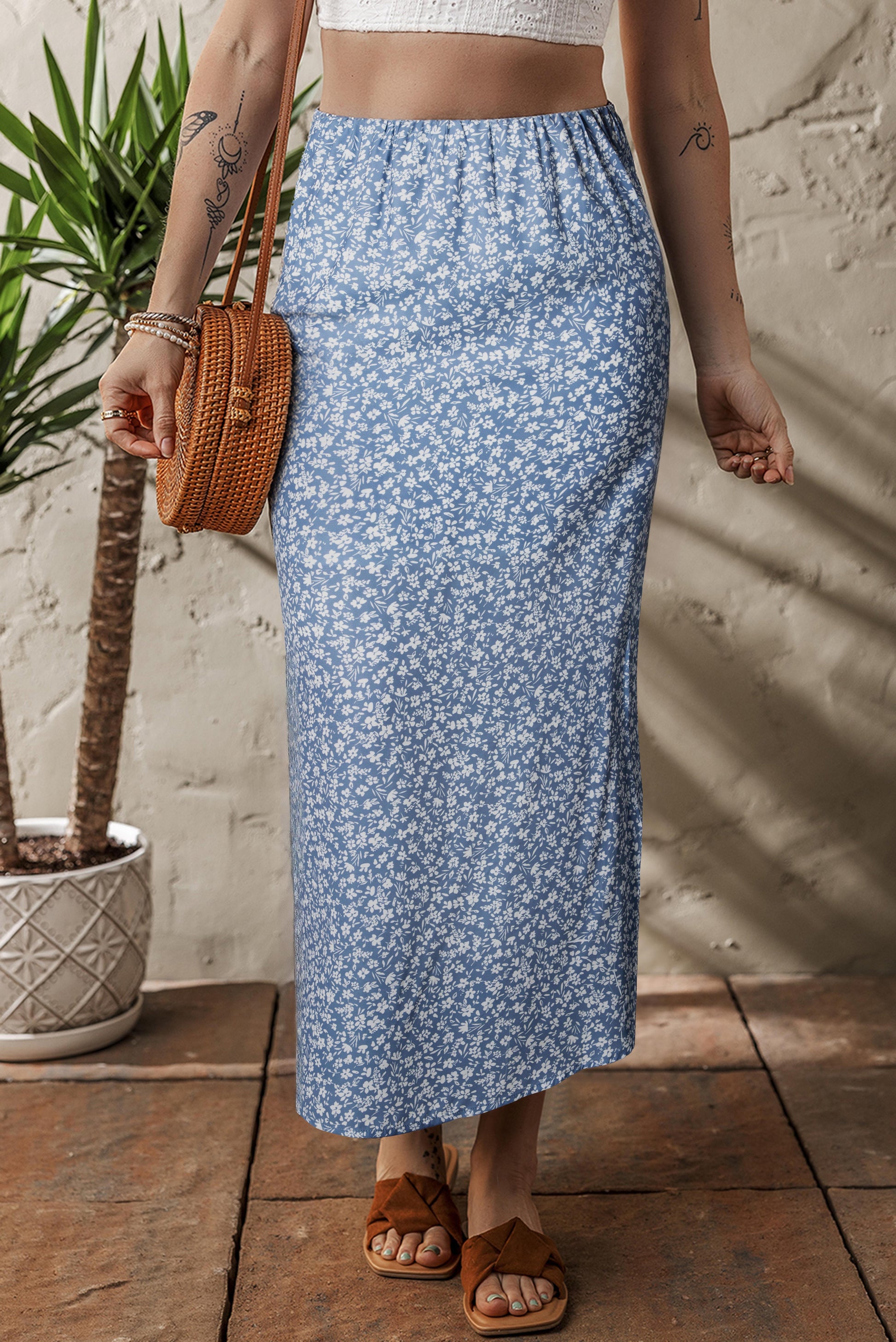 Sky Blue Boho Floral High Waist Long Skirt With Side Split-Bottoms/Skirts & Petticoat-[Adult]-[Female]-Sky Blue-S-2022 Online Blue Zone Planet