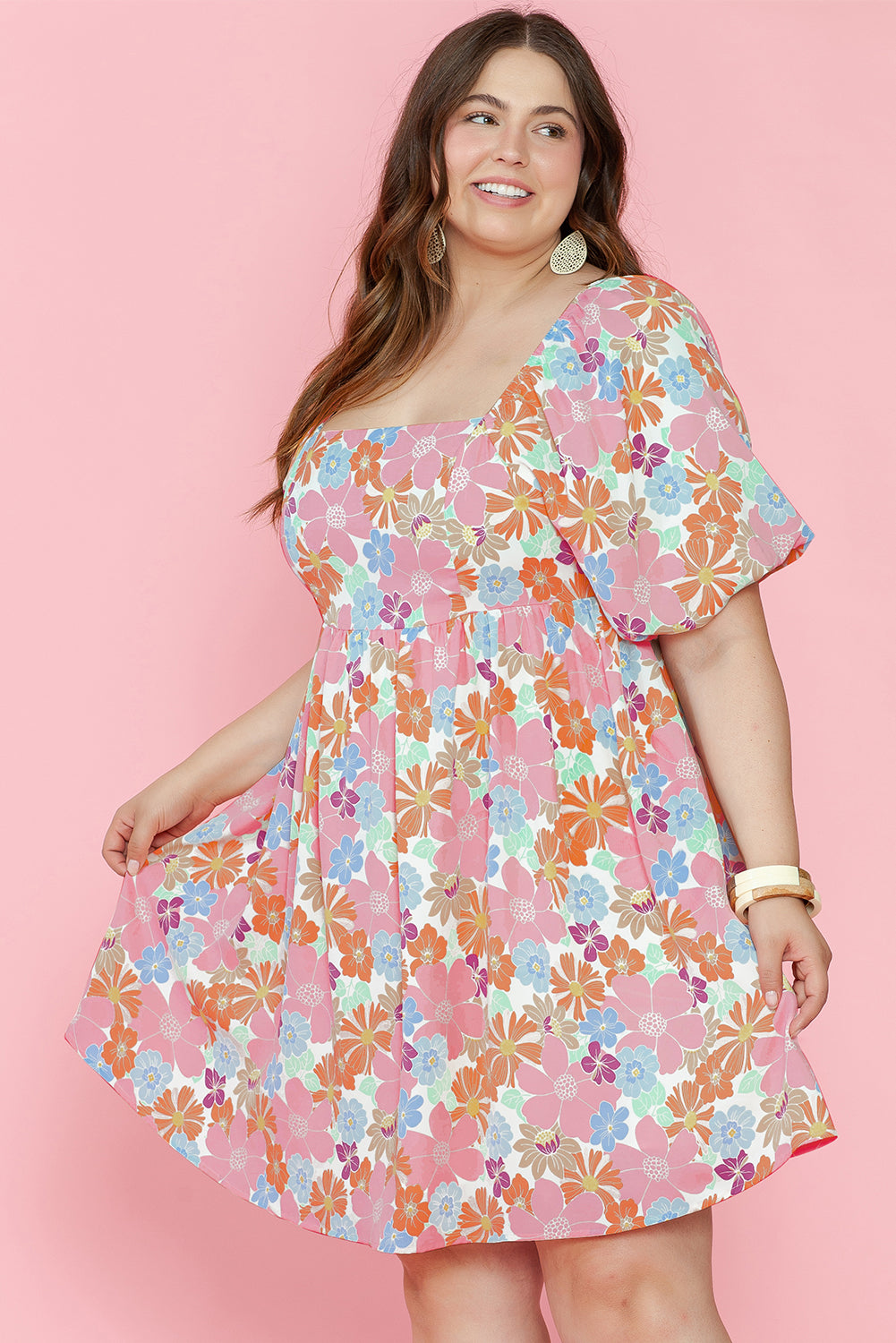 Blue Zone Planet | Multicolour Floral Puff Sleeve Square Neck Plus Babydoll Dress-TOPS / DRESSES-[Adult]-[Female]-2022 Online Blue Zone Planet