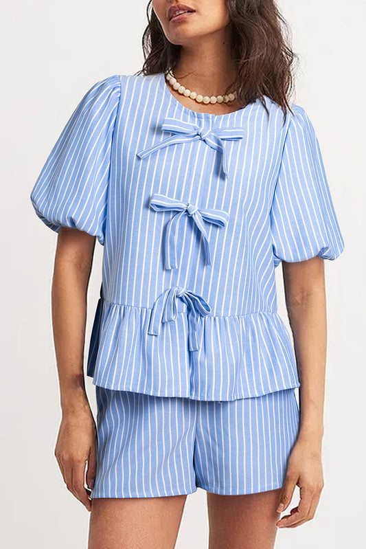 Sky Blue Striped Bowknot Detail Puffy Sleeve Top and Shorts 2Pcs Set-Two Piece Sets/Short Sets-[Adult]-[Female]-Sky Blue-S-2022 Online Blue Zone Planet