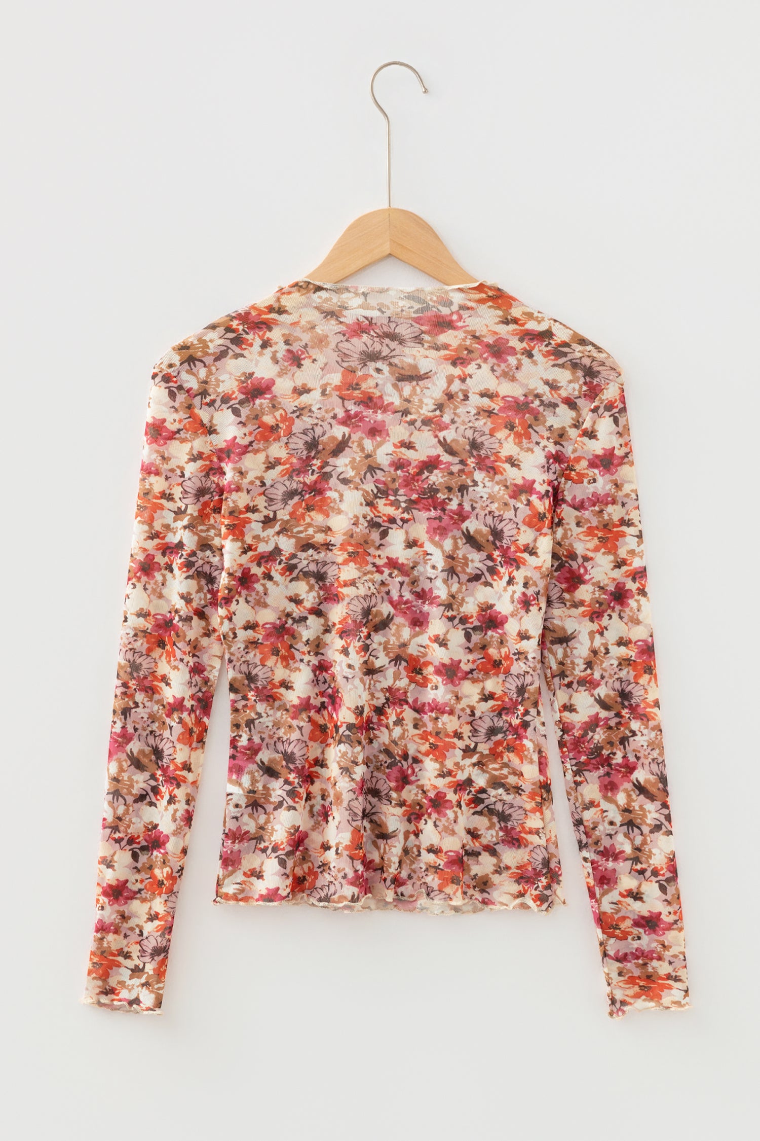 Red Lettuce Trim Floral Print Mesh Long Sleeve Top-Tops/Long Sleeve Tops-[Adult]-[Female]-2022 Online Blue Zone Planet