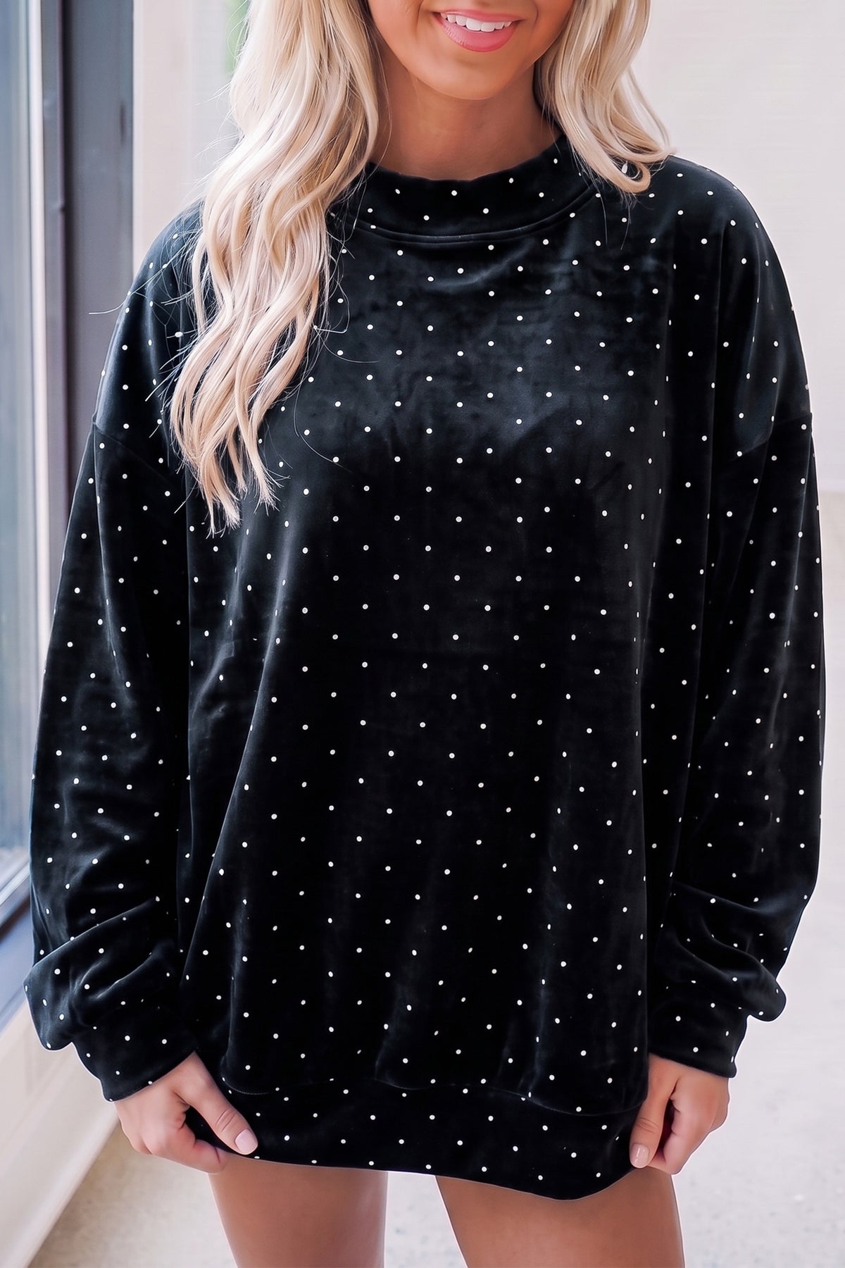 Red Velvet Polka Dot High Neck Tunic Pullover Sweatshirt-Tops/Sweatshirts & Hoodies-[Adult]-[Female]-Black-S-2022 Online Blue Zone Planet