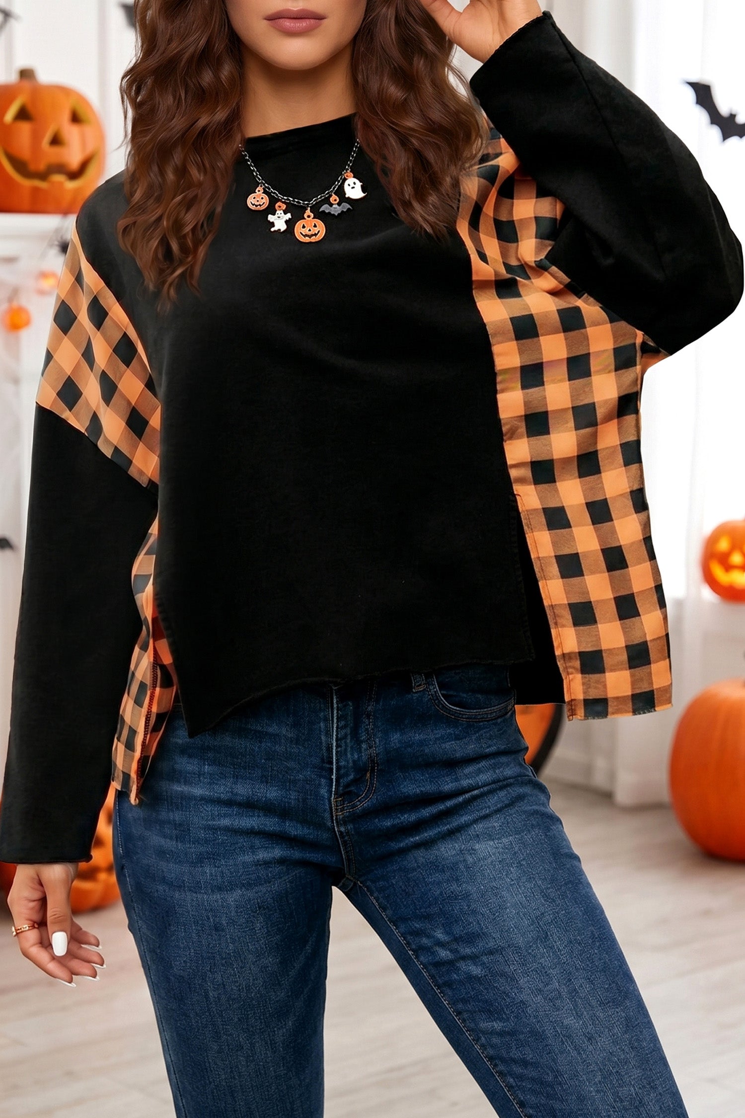 Black Patchwork Plaid Pumpkin Face Long Sleeve Top-Tops/Long Sleeve Tops-[Adult]-[Female]-2022 Online Blue Zone Planet