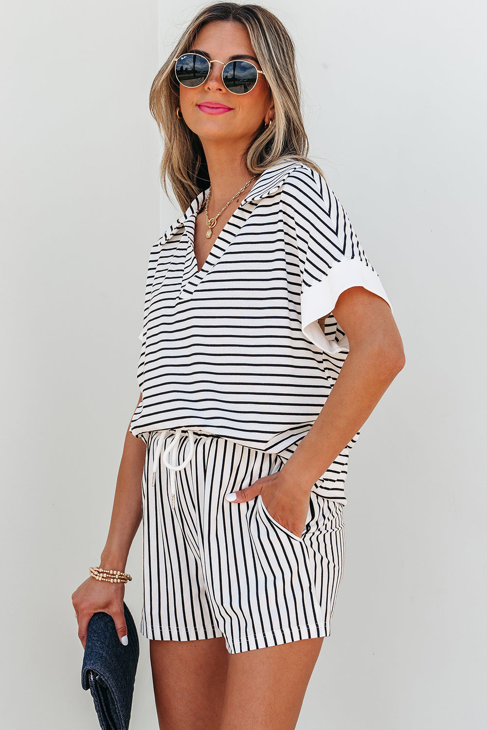 Black Stripe V Neck Tee and Casual Short Set-Two Piece Sets/Short Sets-[Adult]-[Female]-2022 Online Blue Zone Planet