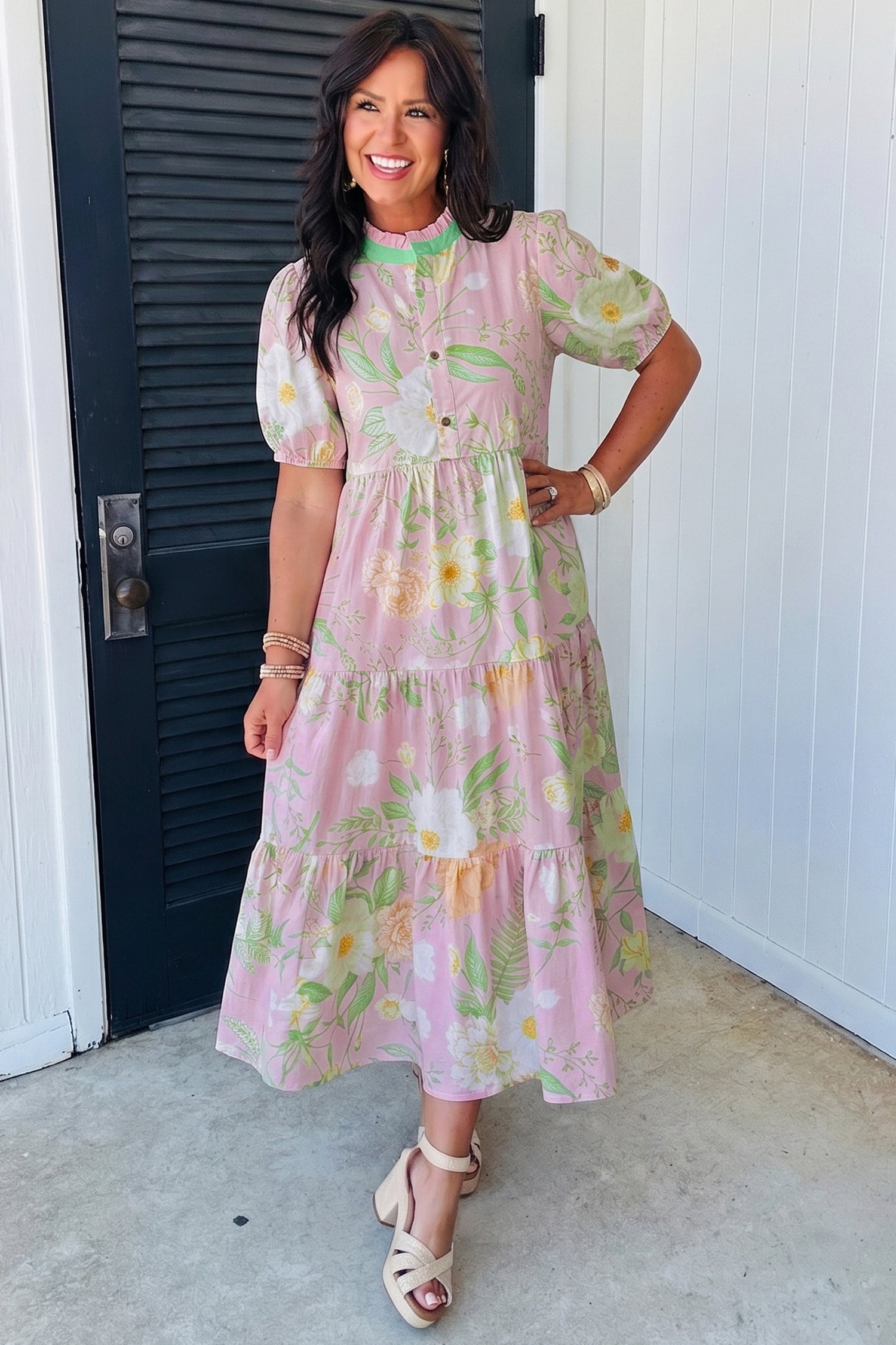 Pink Floral Print Short Puff Sleeve High Waist Tiered Maxi Dress-Dresses/Floral Dresses-[Adult]-[Female]-2022 Online Blue Zone Planet